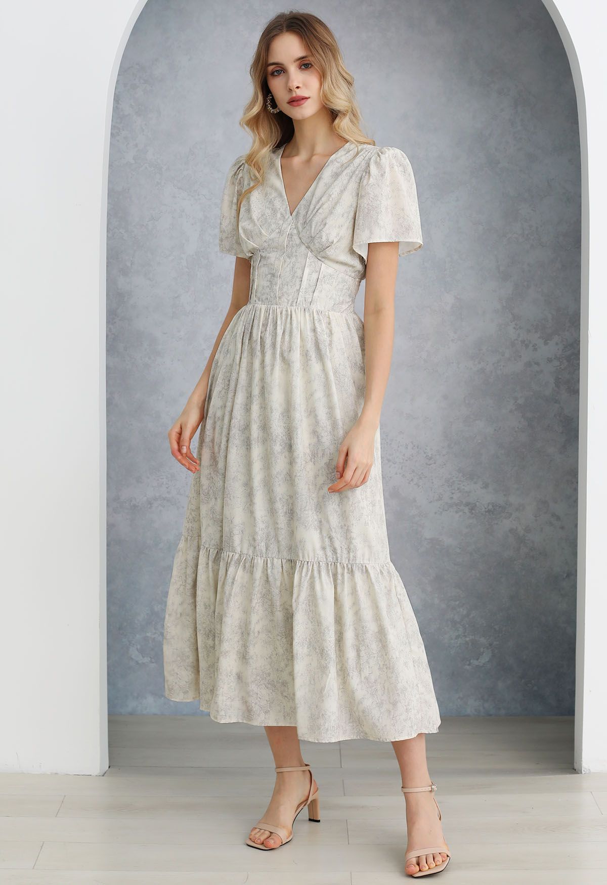 V-Neck Padded Shoulder Printed Frilling Dress in Ivory