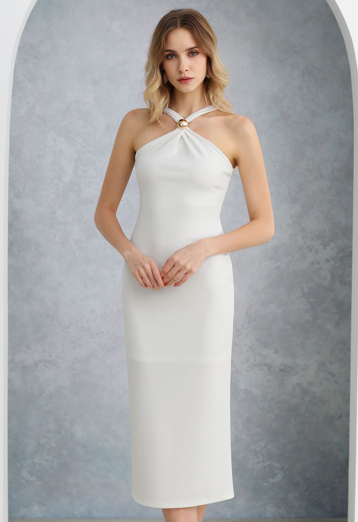 Golden Bead Trim Halter Sheath Dress in White