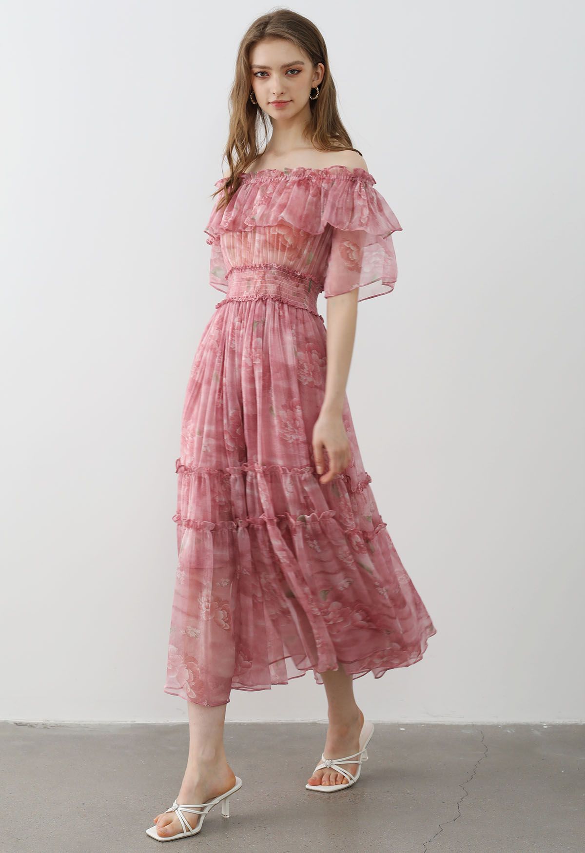 Summer Days Floral Off-Shoulder Ruffle Tiers Chiffon Dress in Pink