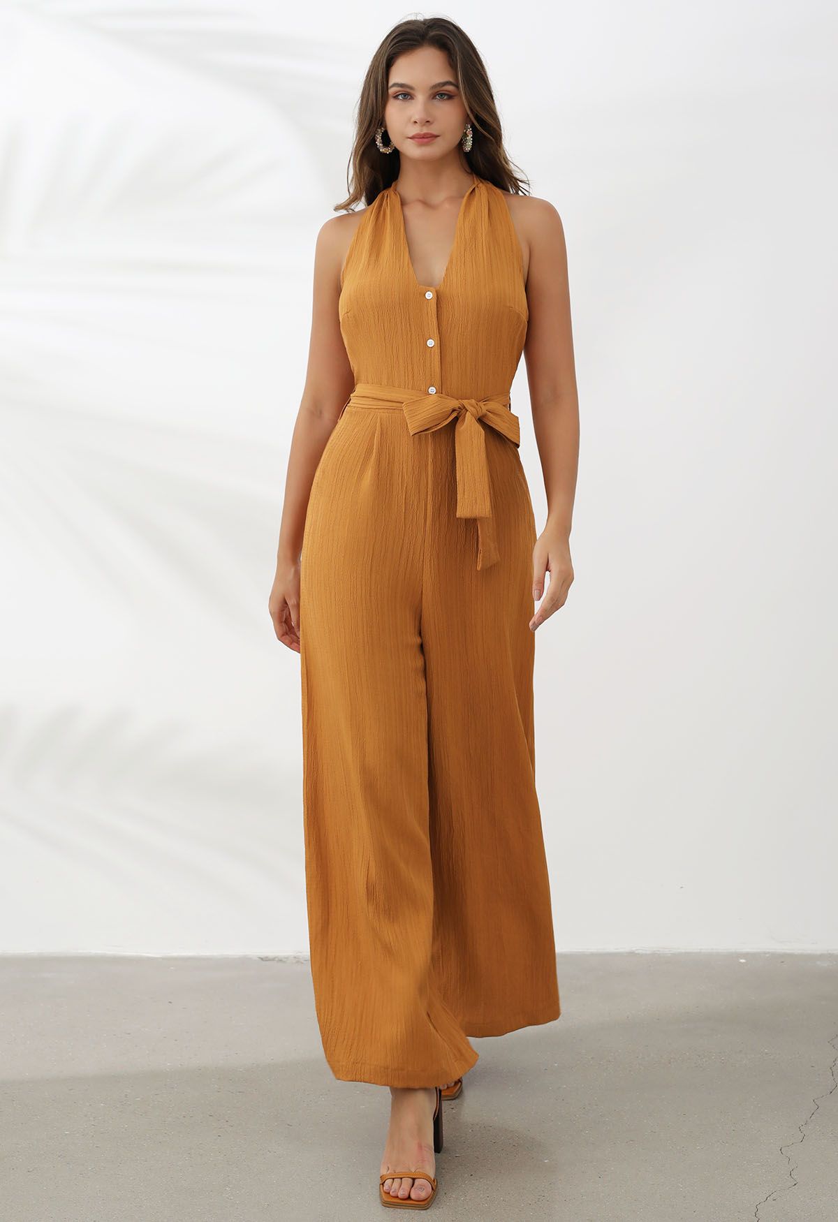 Halterneck Tie Waist Textured Wide-Leg Jumpsuit