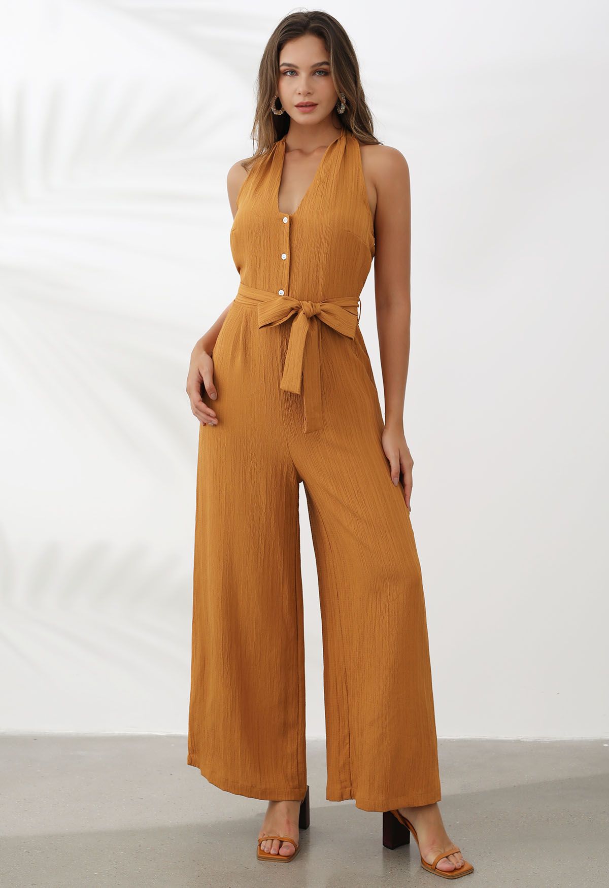 Halterneck Tie Waist Textured Wide-Leg Jumpsuit