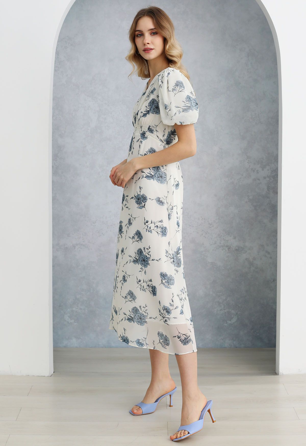 Blue Flower Sketch V-Neck Chiffon Midi Dress