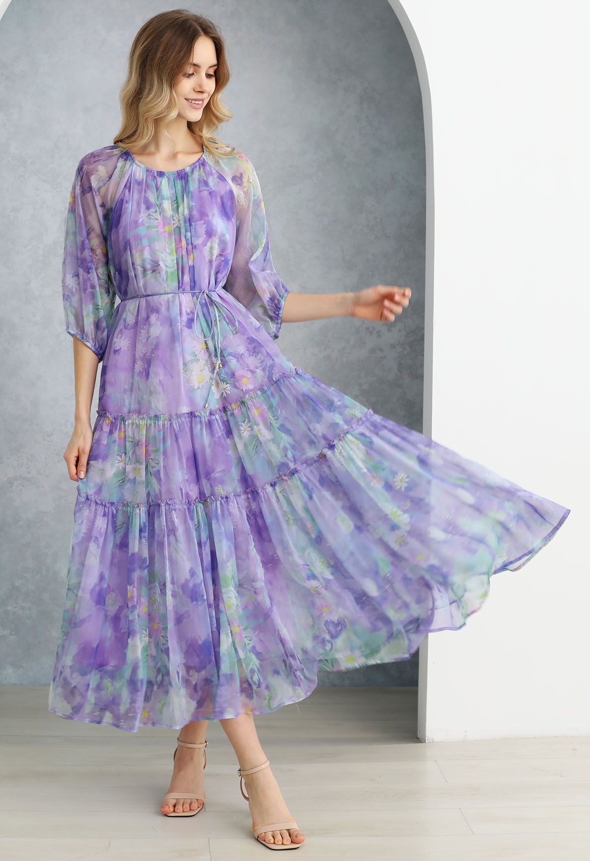 Captivating Purple Watercolor Printed Bubble Sleeves Dress