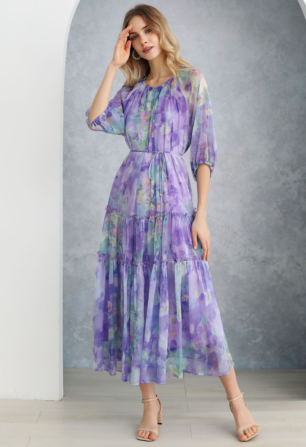 Captivating Purple Watercolor Printed Bubble Sleeves Dress