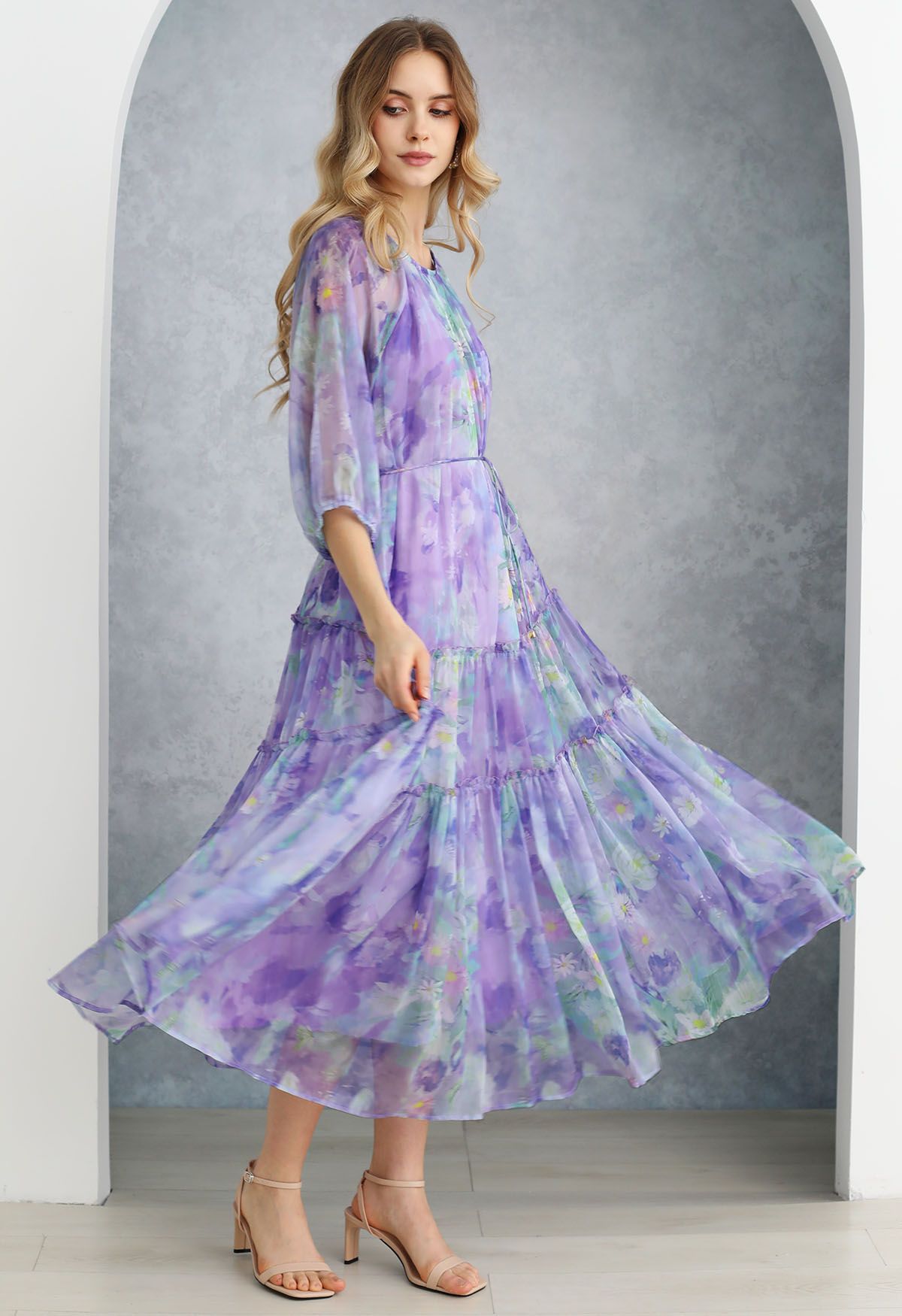 Captivating Purple Watercolor Printed Bubble Sleeves Dress