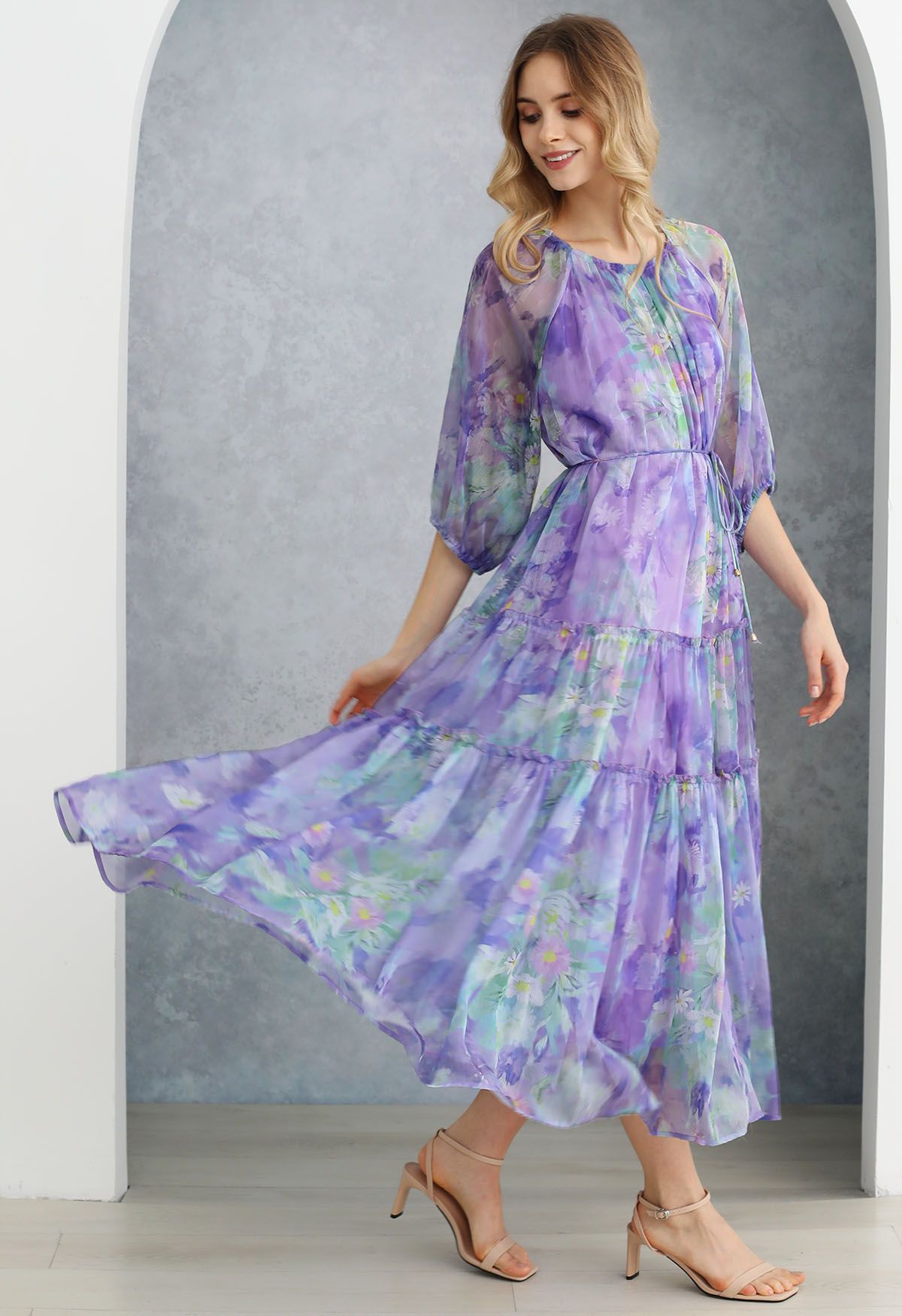 Captivating Purple Watercolor Printed Bubble Sleeves Dress