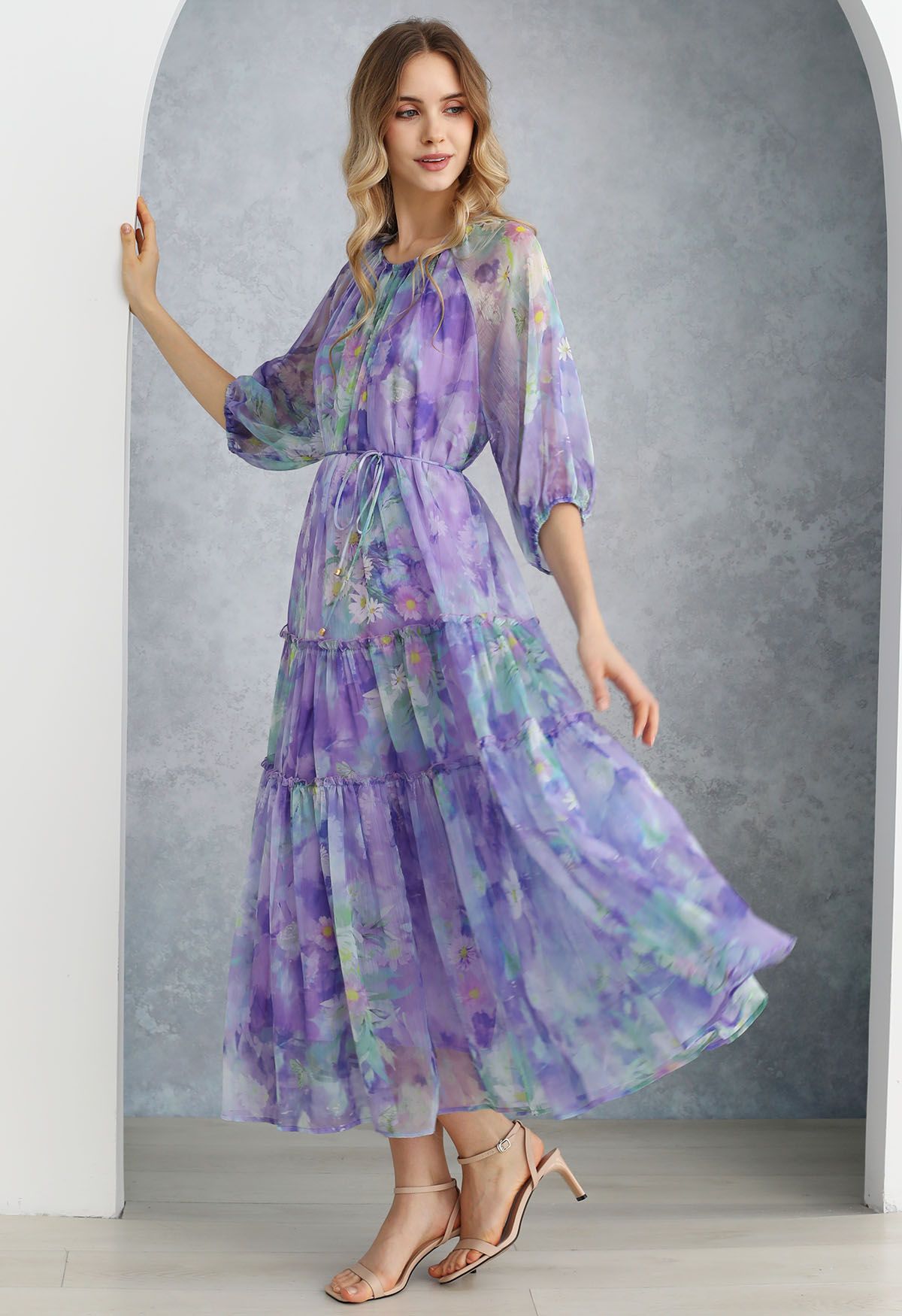 Captivating Purple Watercolor Printed Bubble Sleeves Dress