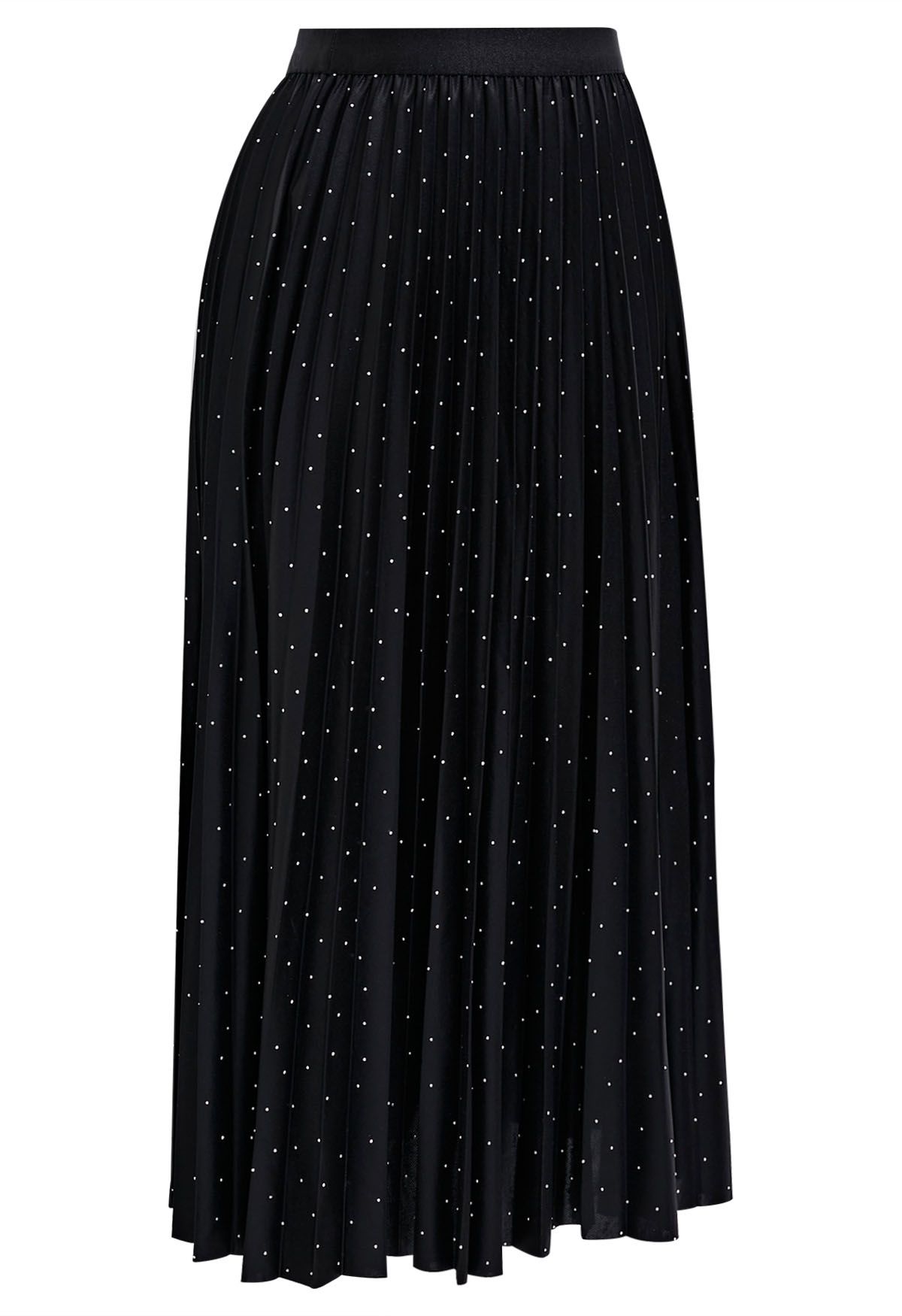 Rhinestone Embellished Pleated Midi Skirt in Black