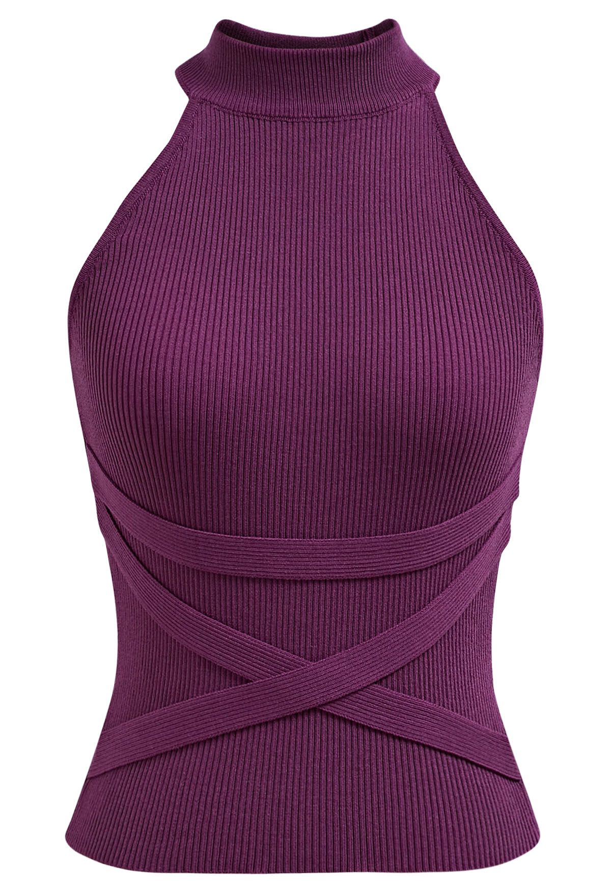 Crisscross Ribbon Sleeveless Halter Knit Top in Purple