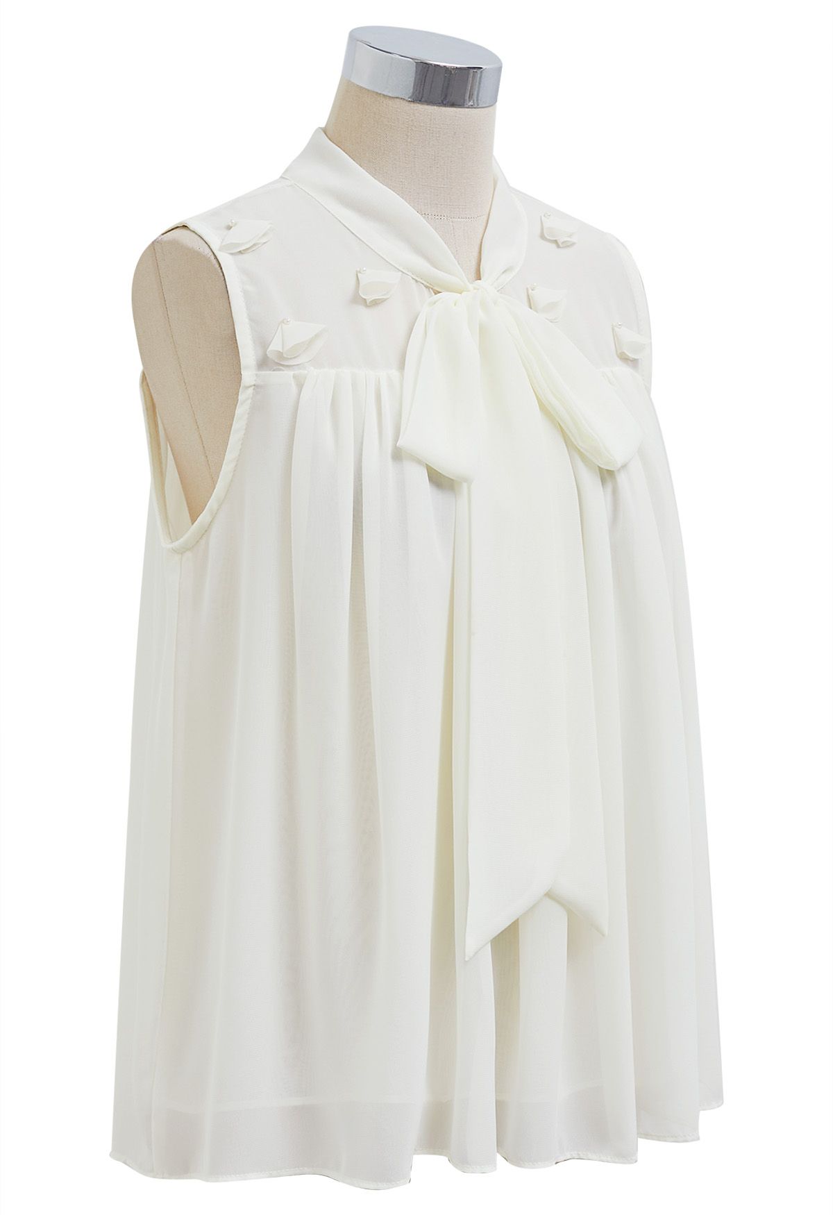 Pearly Petal Bowknot Chiffon Sleeveless Top in Cream