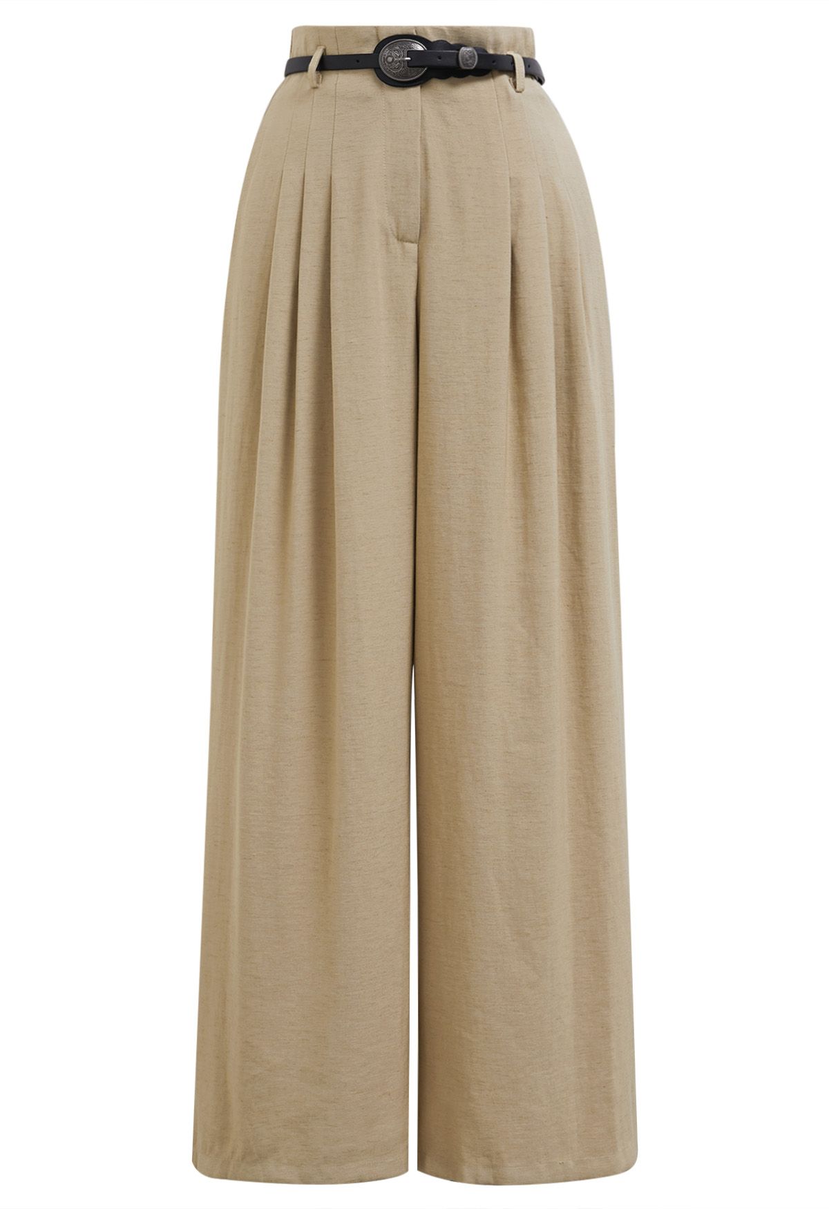 Old-Fashioned Belt Linen-Blend Palazzo Pants in Camel