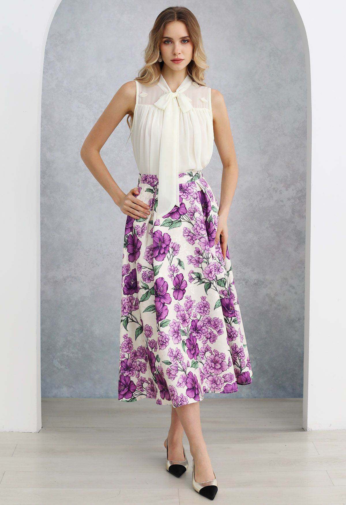 Purple Blooms Jacquard Pleated A-Line Skirt