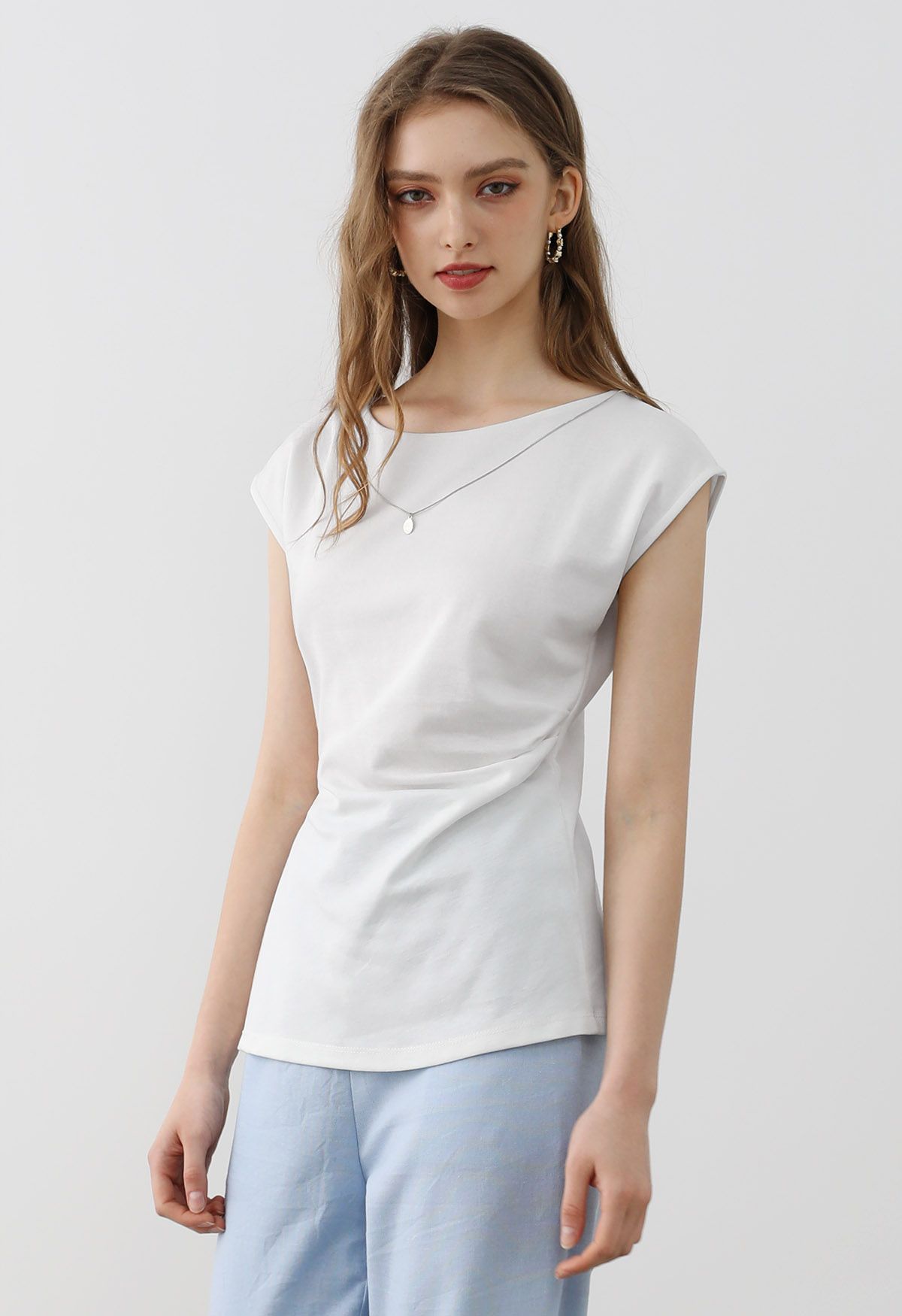 Decorative Necklace Side Pleat Cotton Top in White