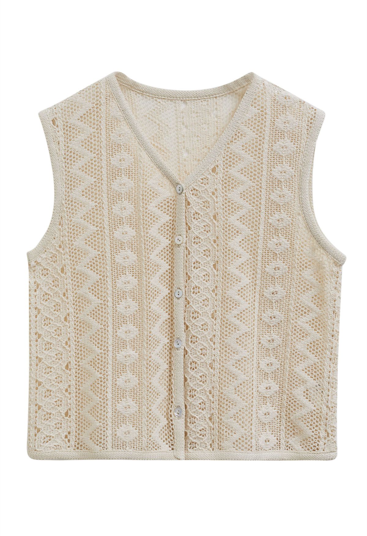 V-Neck Openwork Cotton Vest in Camel