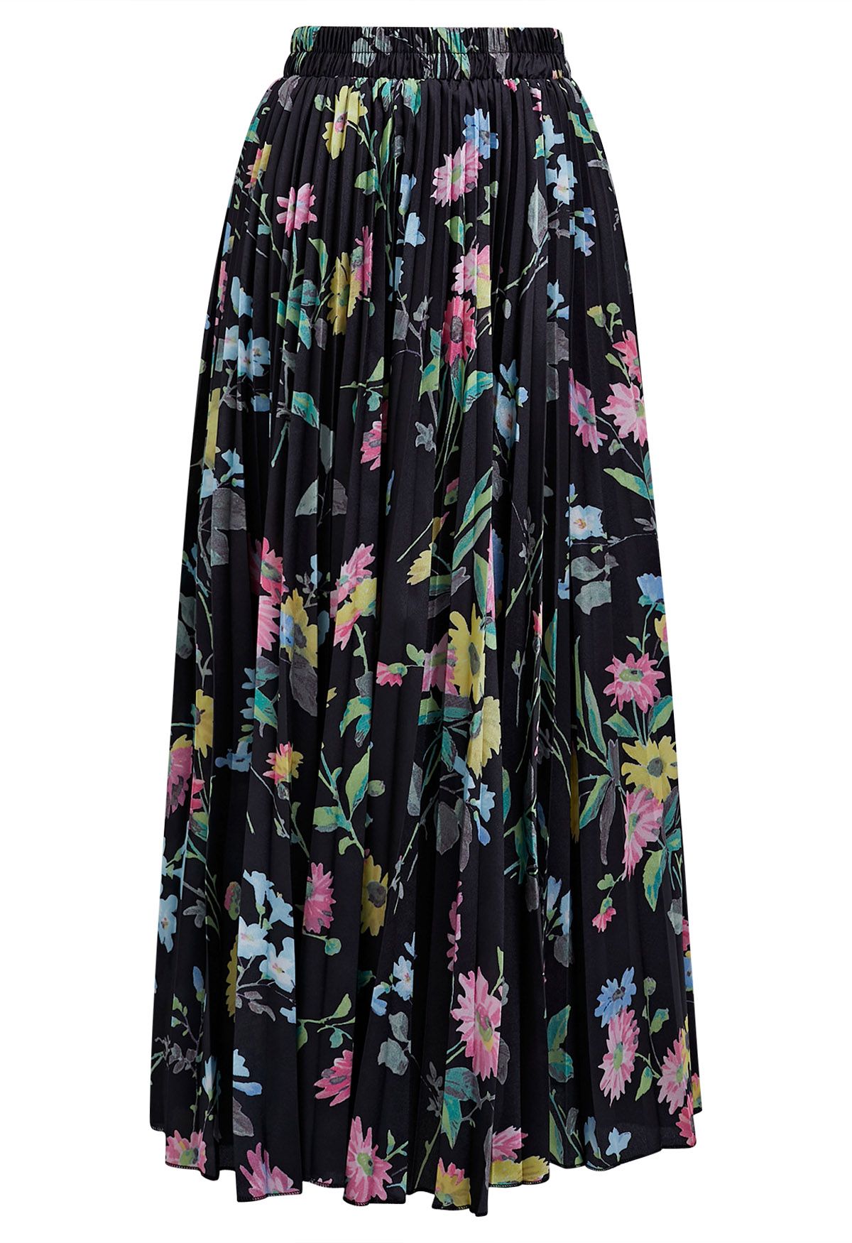 Vivid Floral Print Pleated Maxi Skirt in Black