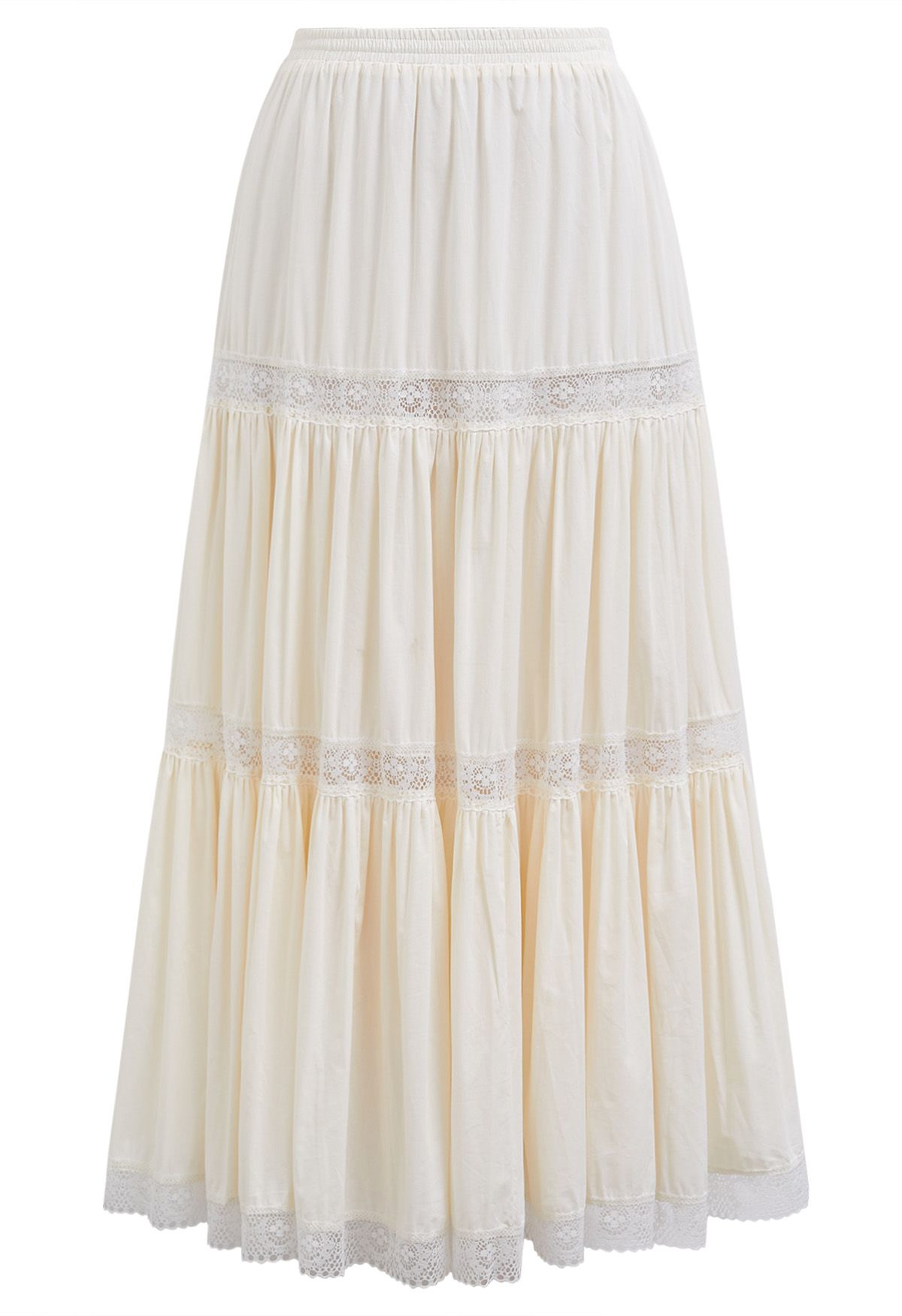 Lace Spliced Cotton Midi Skirt in Cream