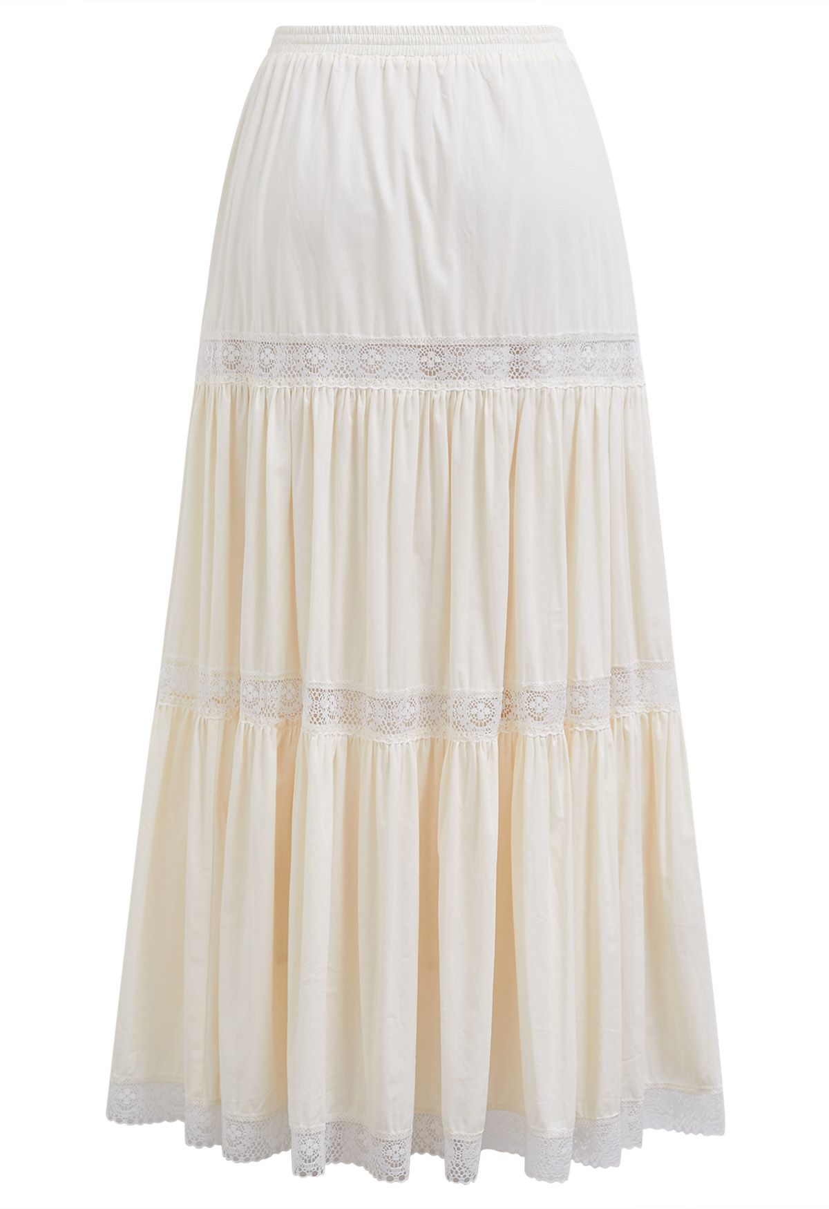 Lace Spliced Cotton Midi Skirt in Cream