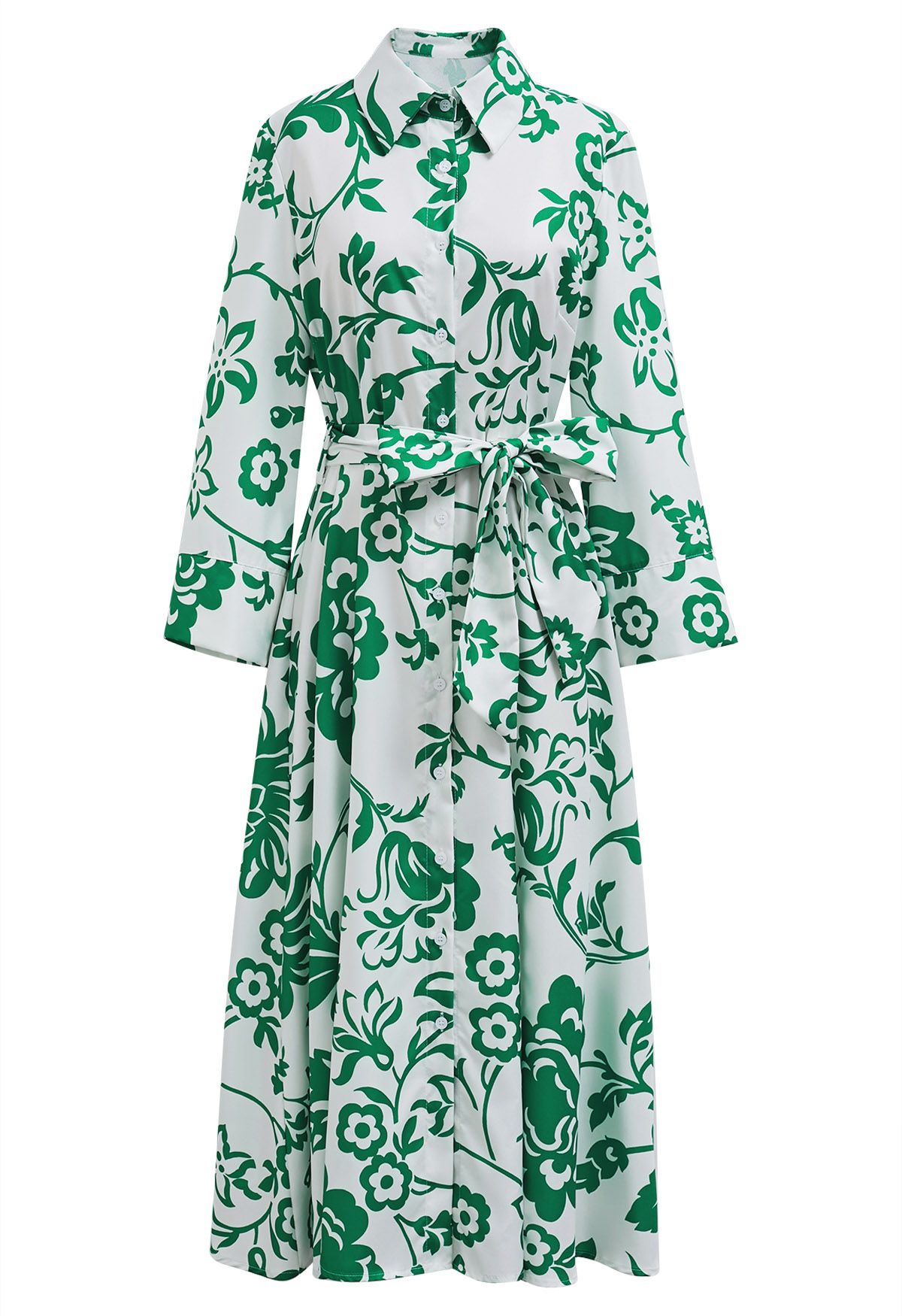 Green Floral Button Down Midi Shirt Dress - Retro, Indie and Unique Fashion