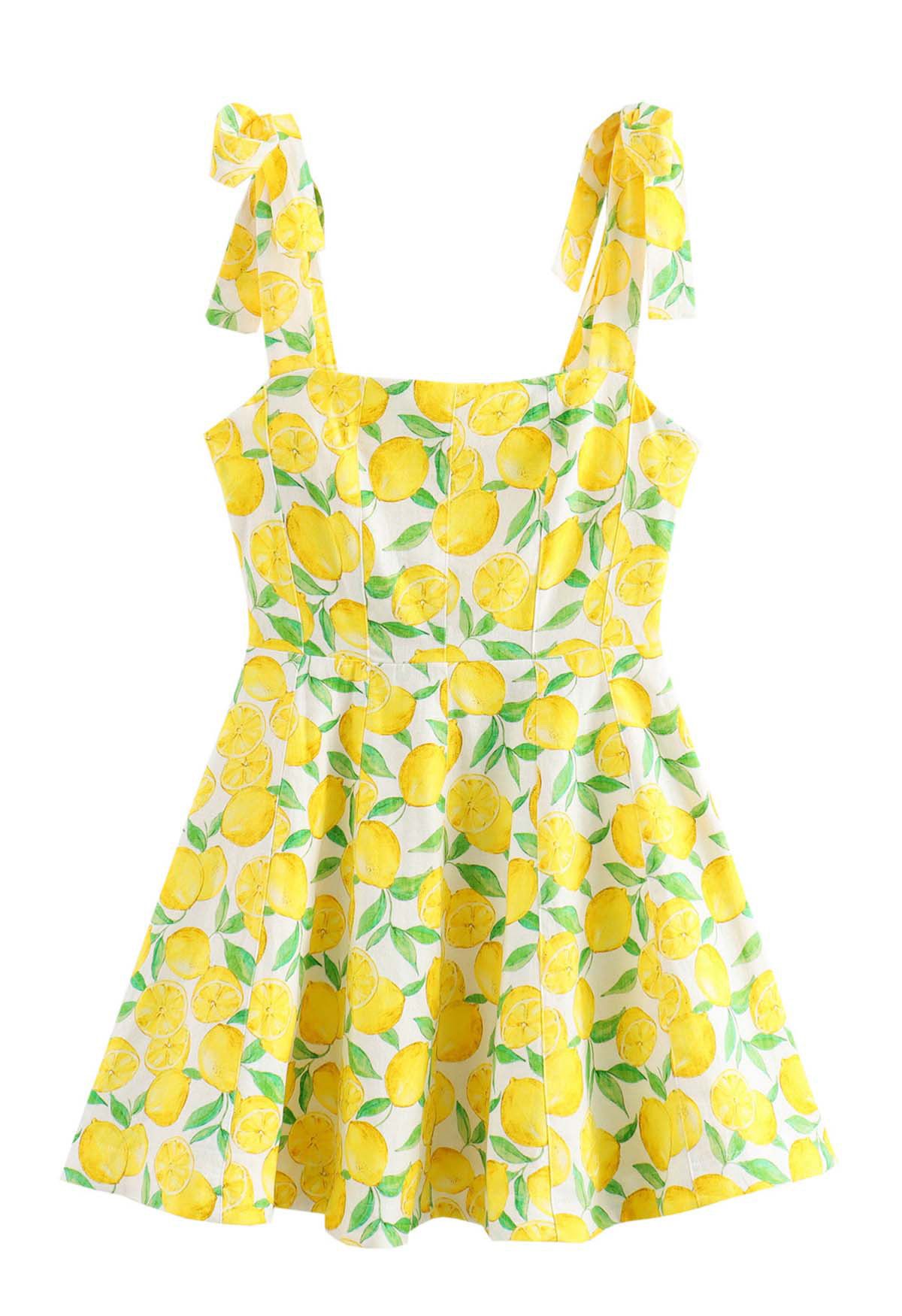 Neon Lemon Printed Tie Strap Mini Dress