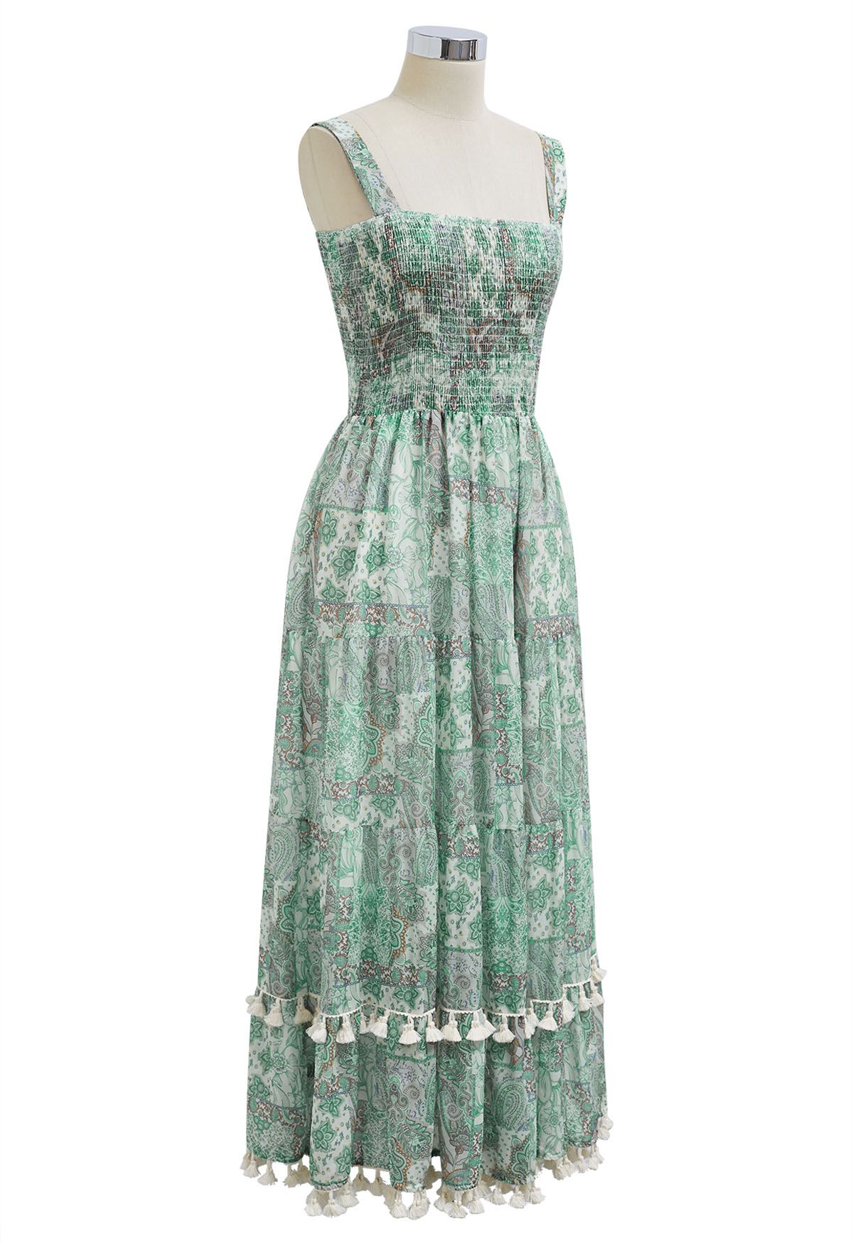 Floral Printed Tassel Trim Shirred Cami Dress in Green