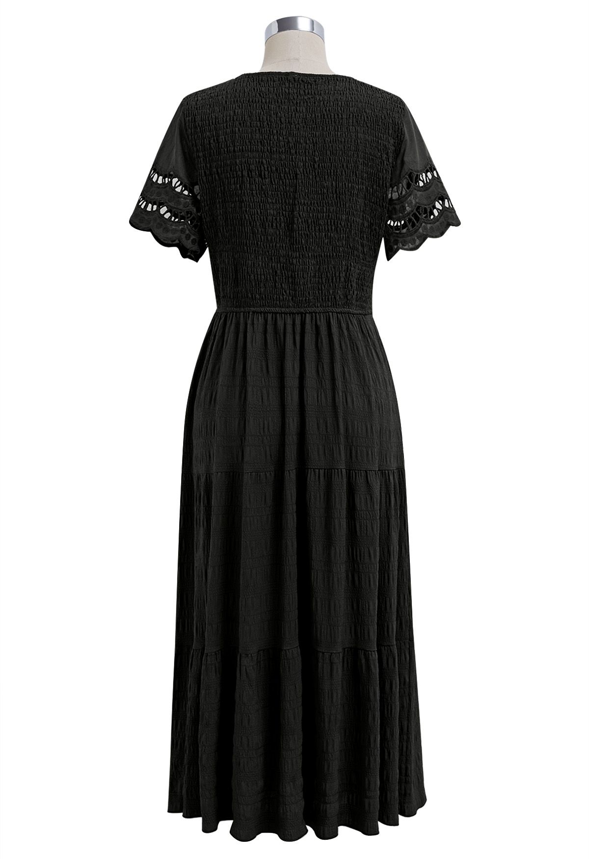 Cutwork Sleeve Shirred Bodice Midi Dress in Black