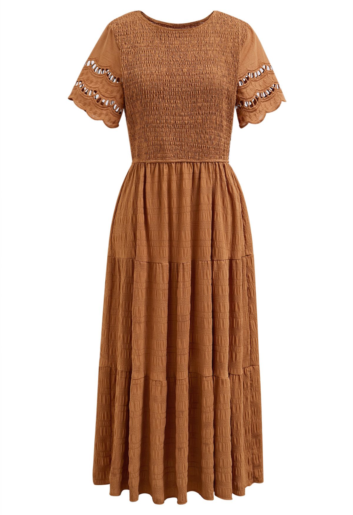 Cutwork Sleeve Shirred Bodice Midi Dress in Pumpkin