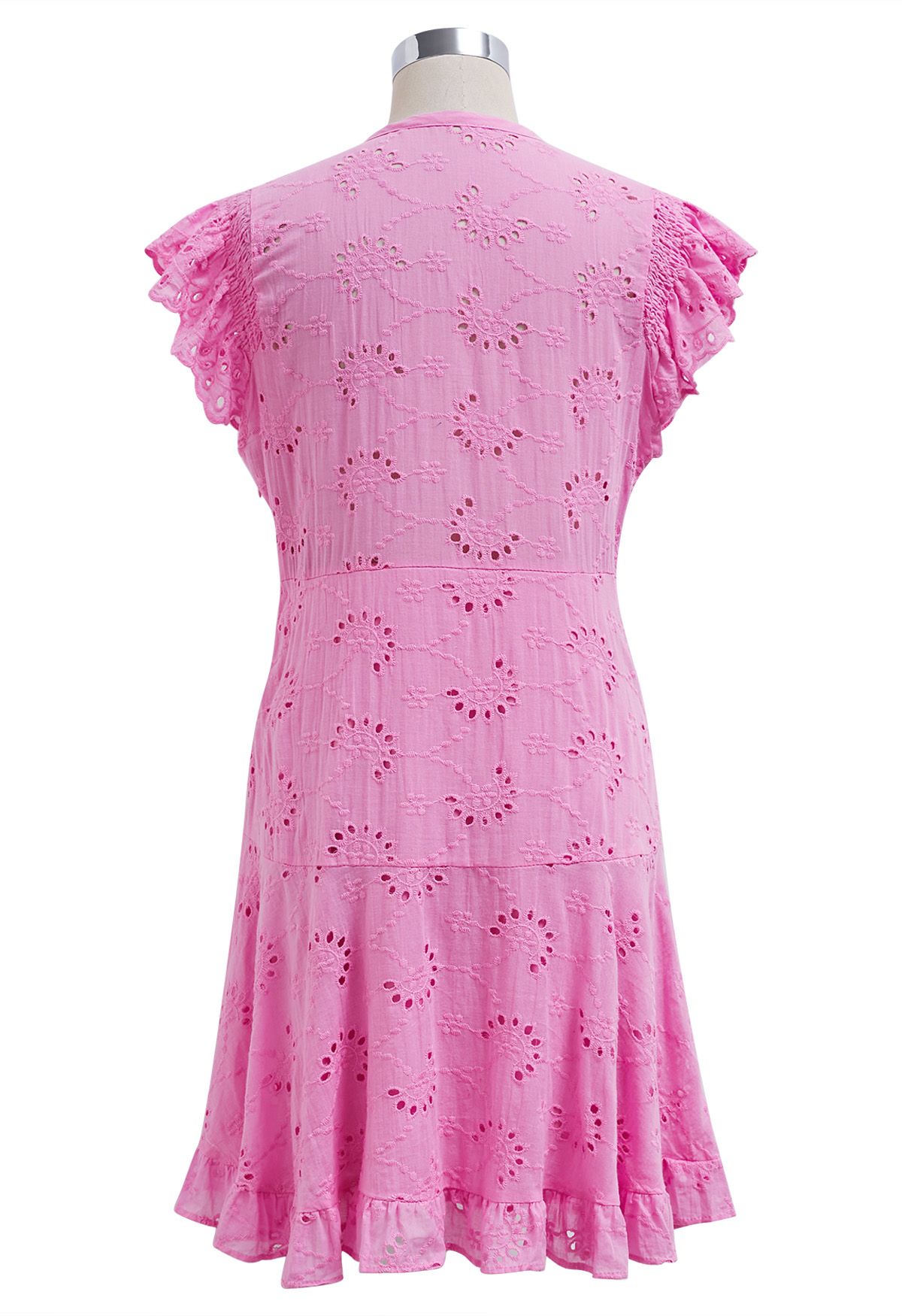 Drawstring Front Eyelet Embroidered Mini Dress in Pink