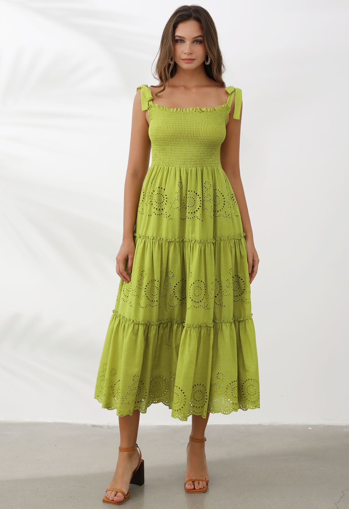 Lime Embroidery Shirred Tie-Strap Maxi Dress