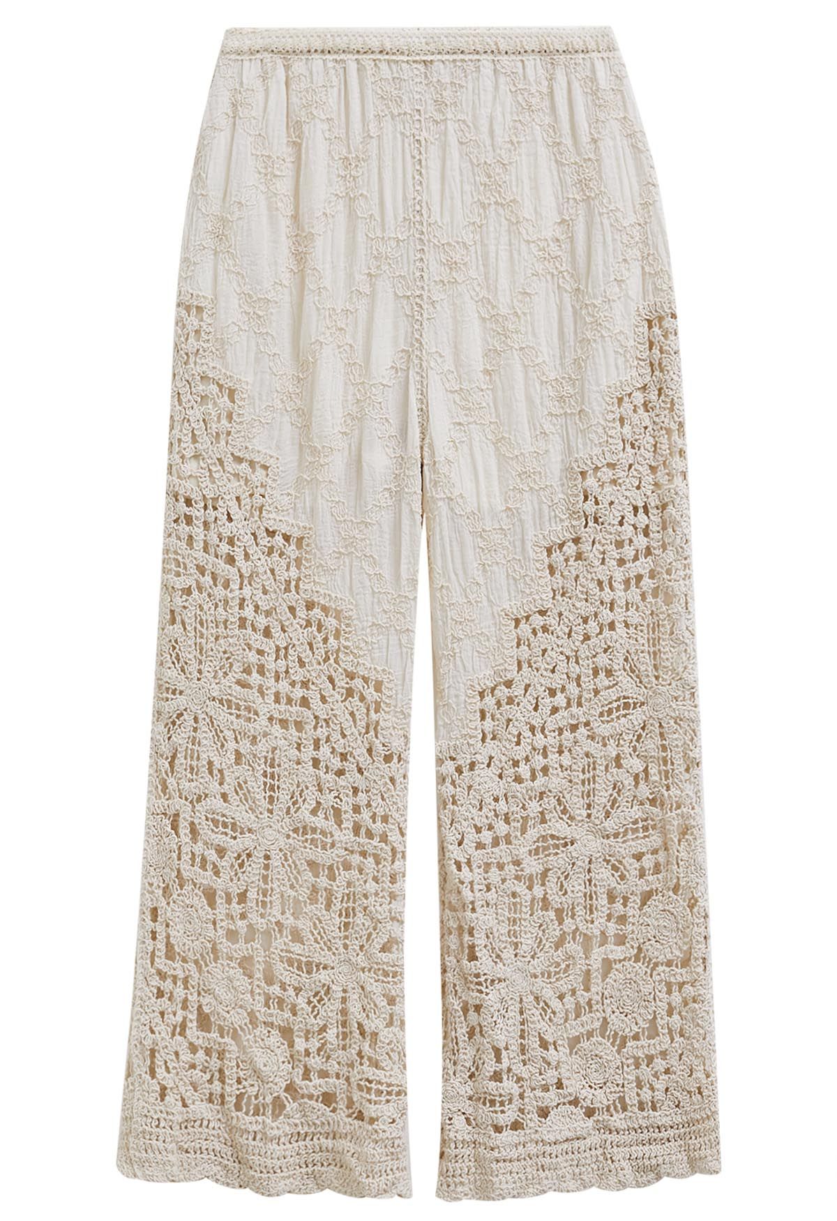 Diamond Shape Stitch Crochet Flower Pants in Linen