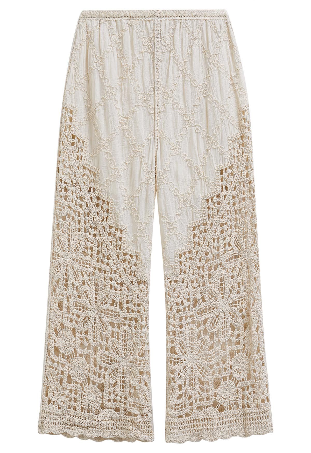 Diamond Shape Stitch Crochet Flower Pants in Linen