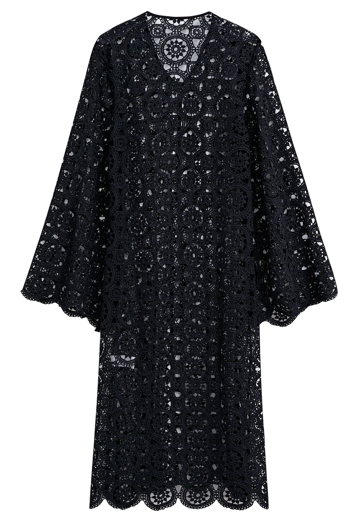 V-Neck Guipure Lace Flare Sleeve Cover-Up Dress in Black