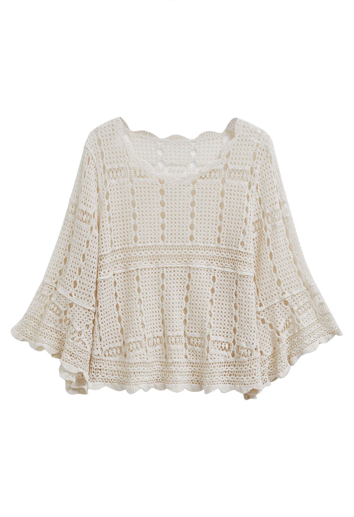 Hollow Out Full Crochet Flare Sleeve Cotton Top