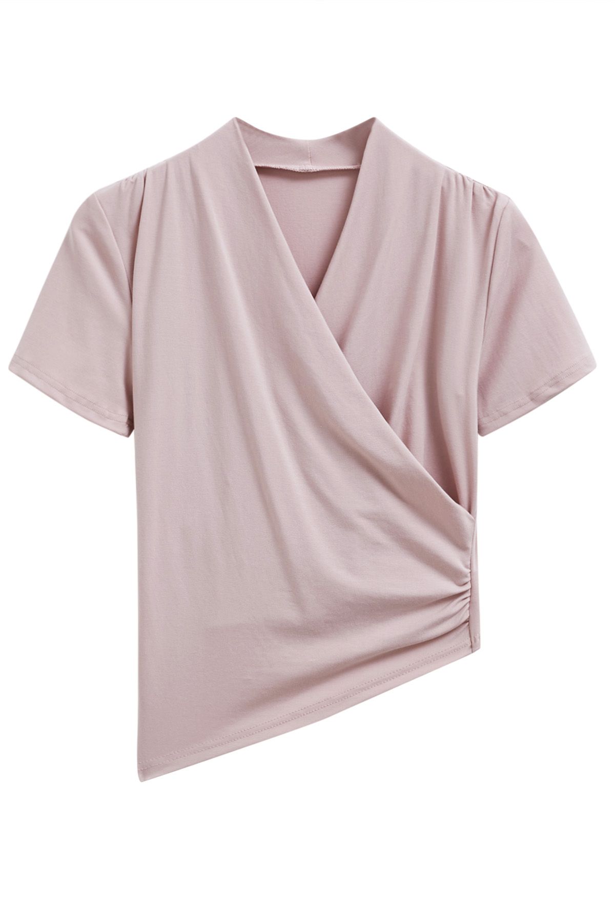 Faux-Wrap Short Sleeve Asymmetric Top in Dusty Pink