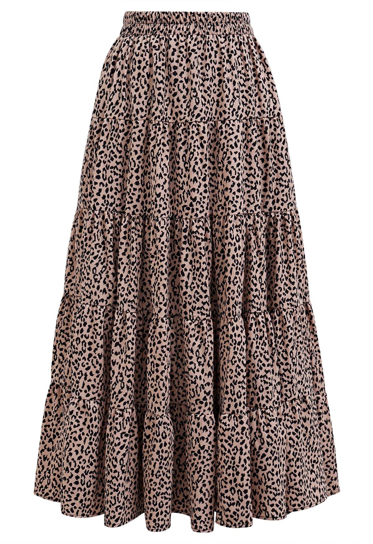 Leopard Printed Panelled Frilling Midi Skirt Retro Indie and Unique Fashion