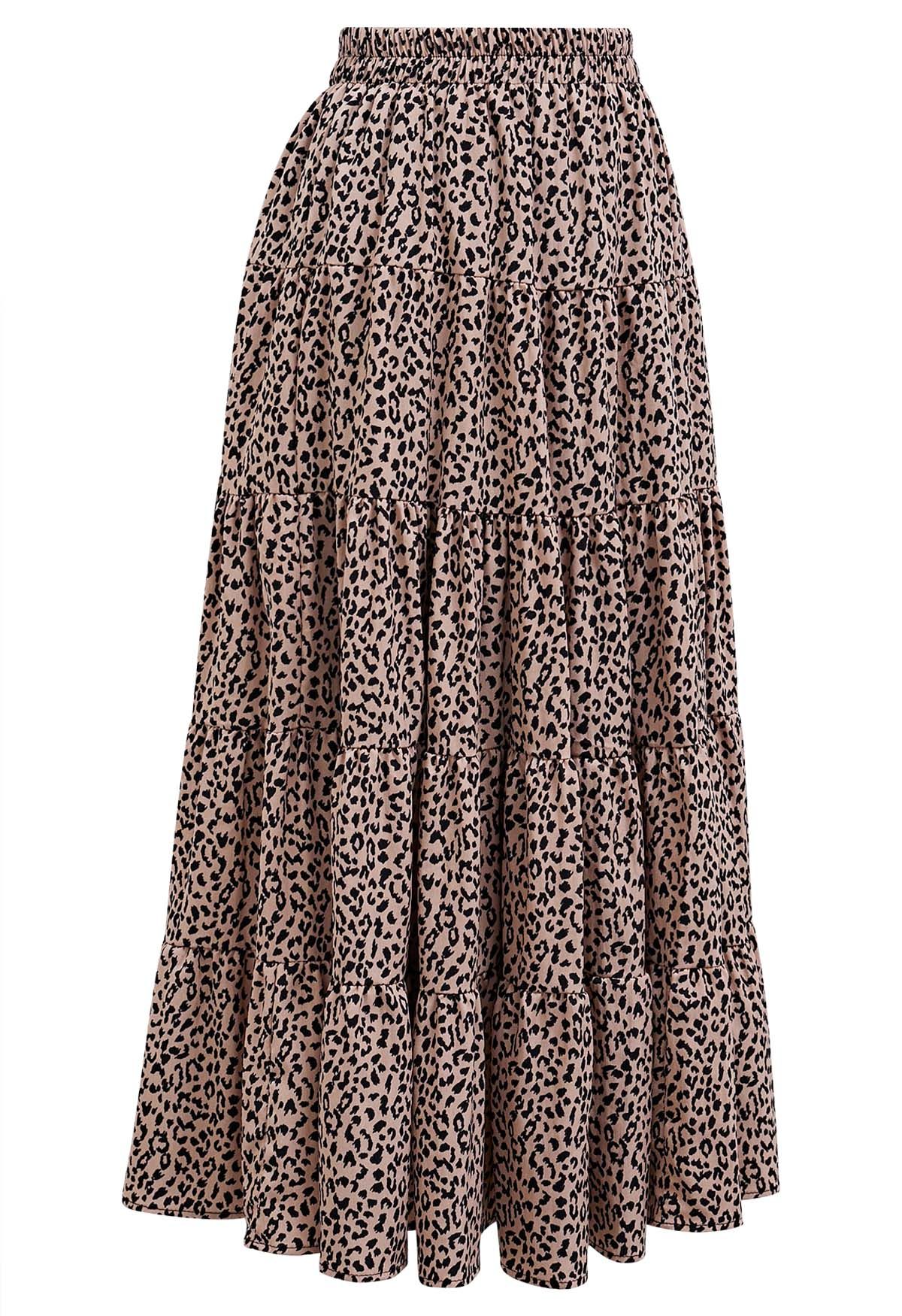 Leopard Printed Panelled Frilling Midi Skirt Retro Indie and Unique Fashion