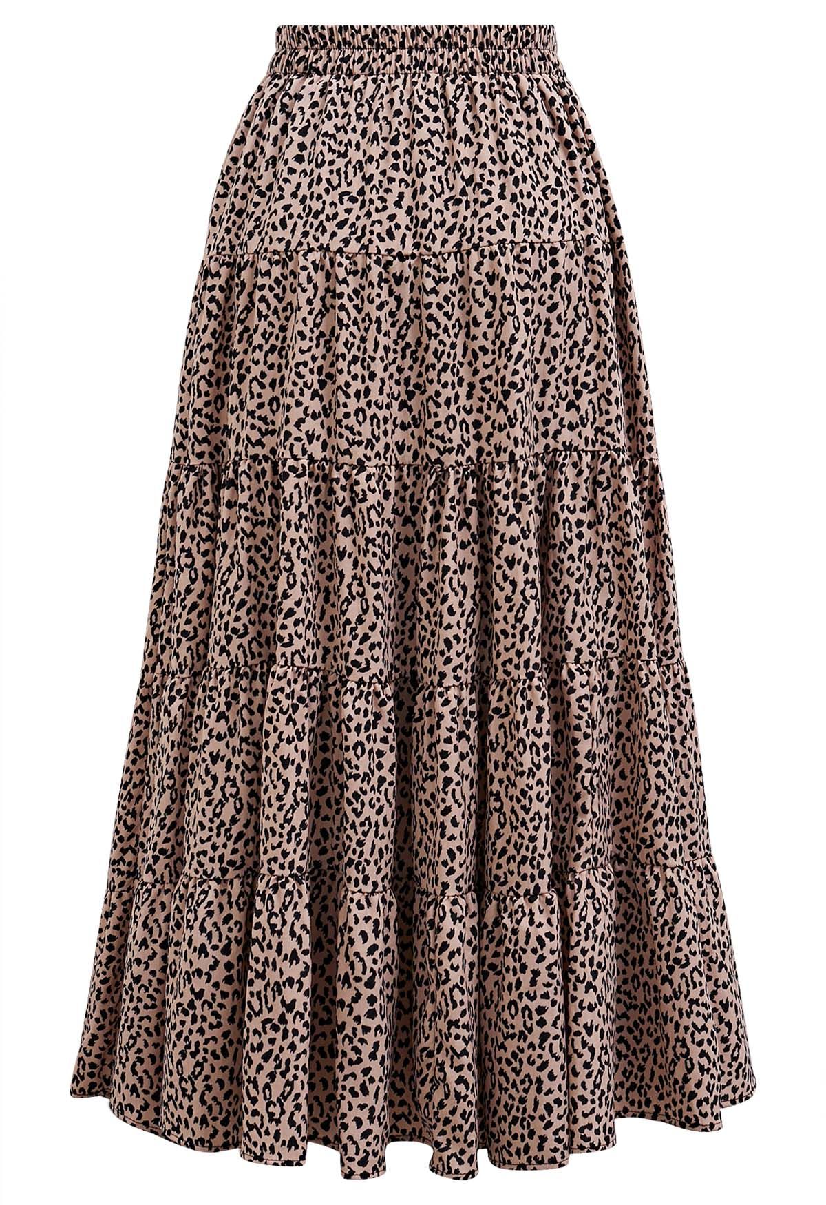 Leopard Printed Panelled Frilling Midi Skirt Retro Indie and Unique Fashion