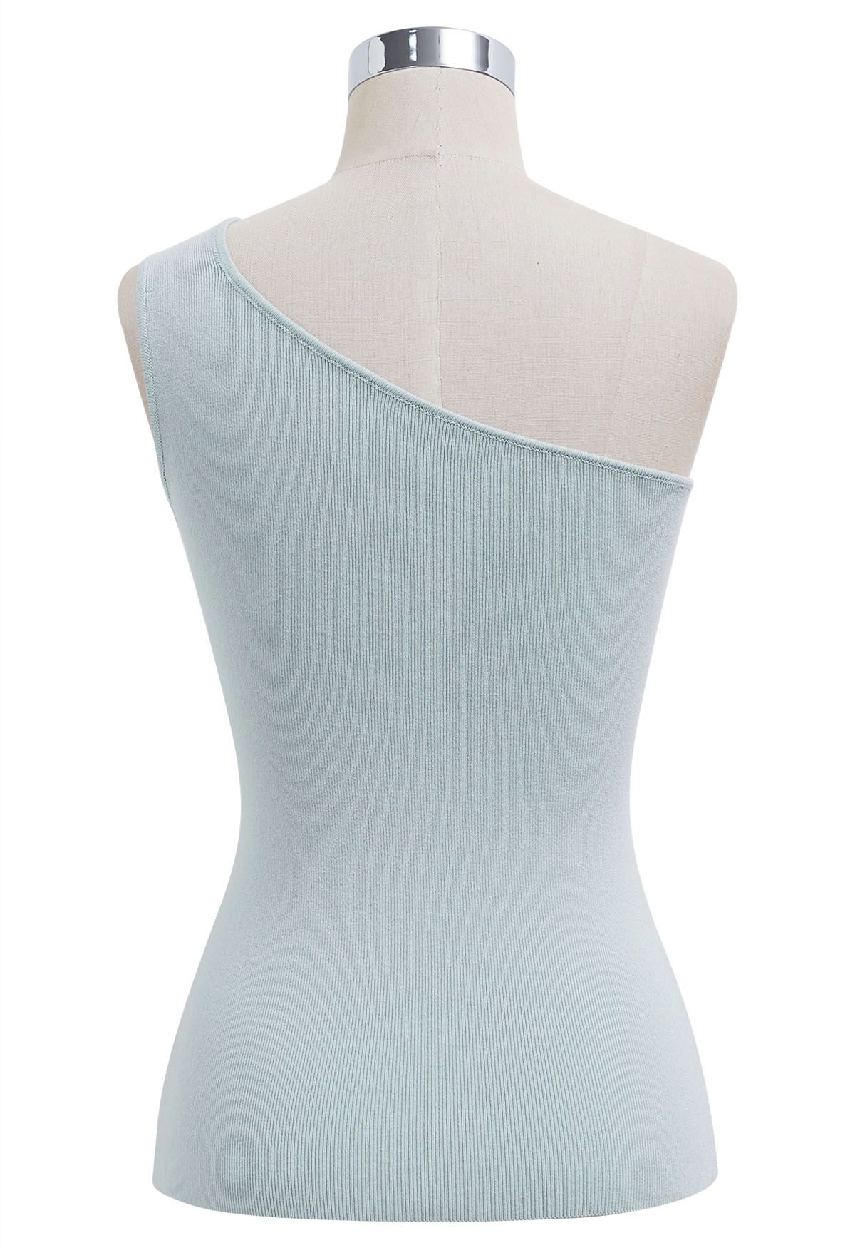 U-Shaped Metal Decor One-Shoulder Knit Top in Mint