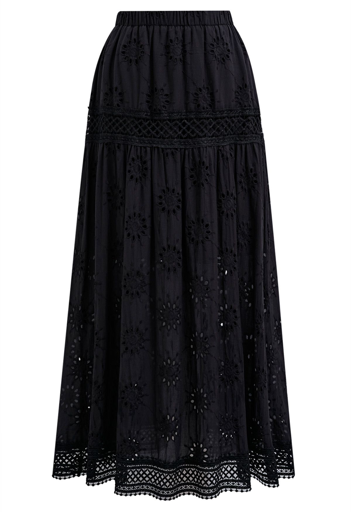 Floral Embroidered Eyelet Cotton Maxi Skirt in Black Retro Indie and Unique Fashion