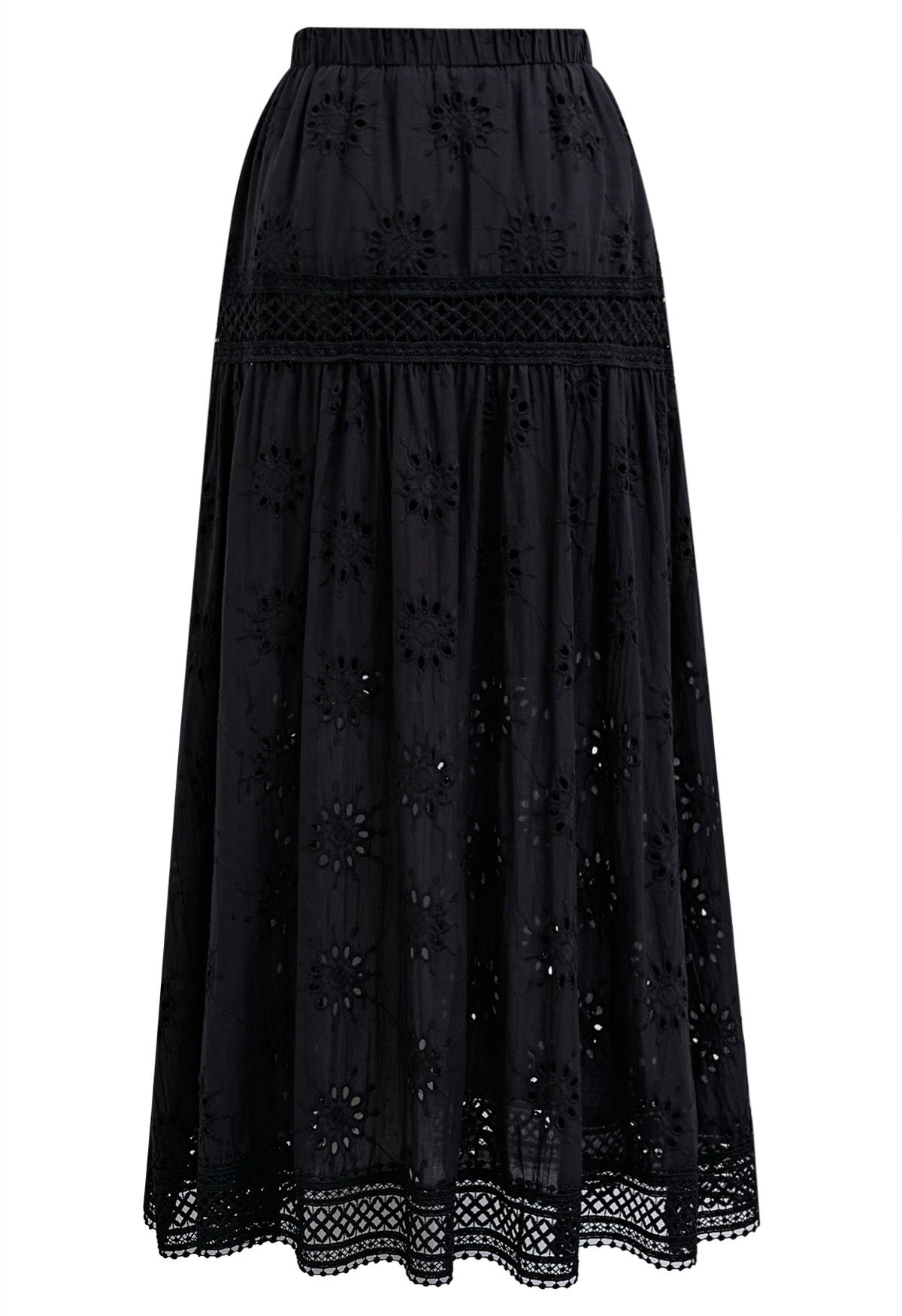 Floral Embroidered Eyelet Cotton Maxi Skirt in Black Black S M