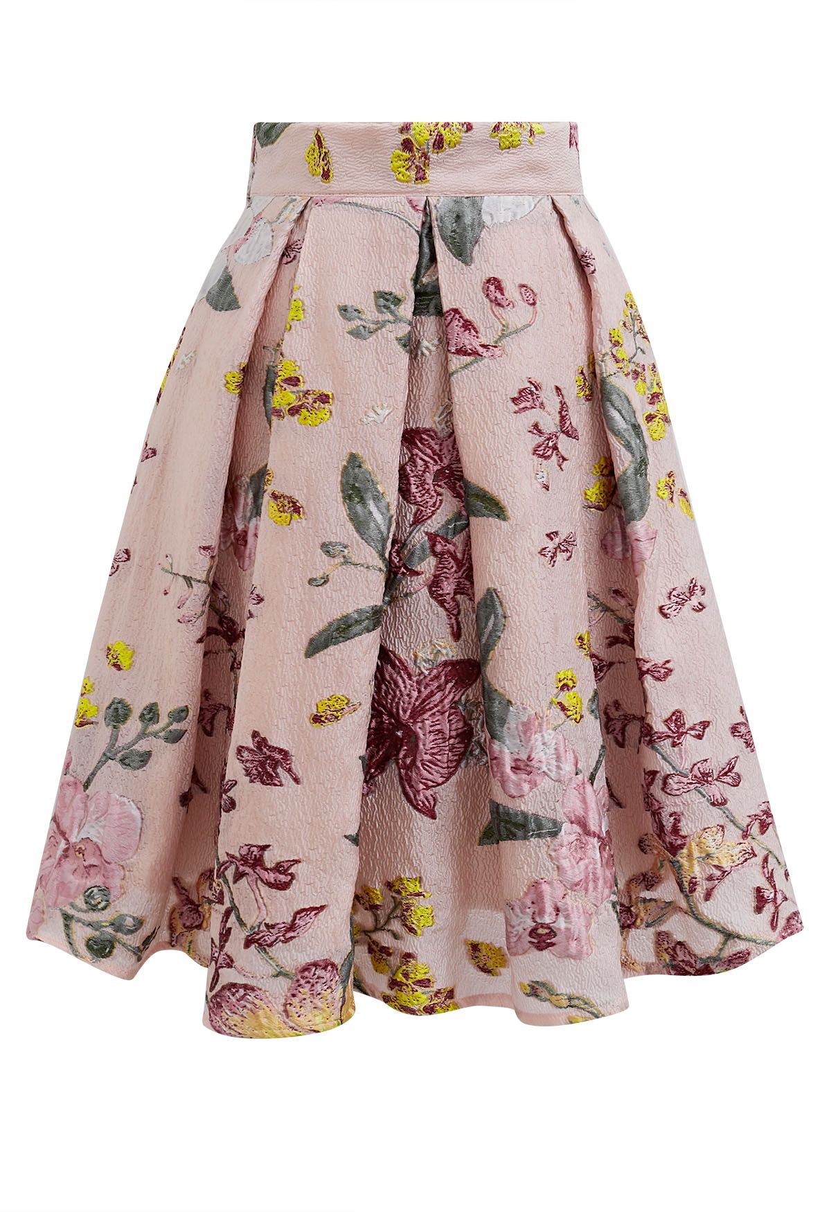 Box Pleat Floral Embossed Jacquard Flare Skirt