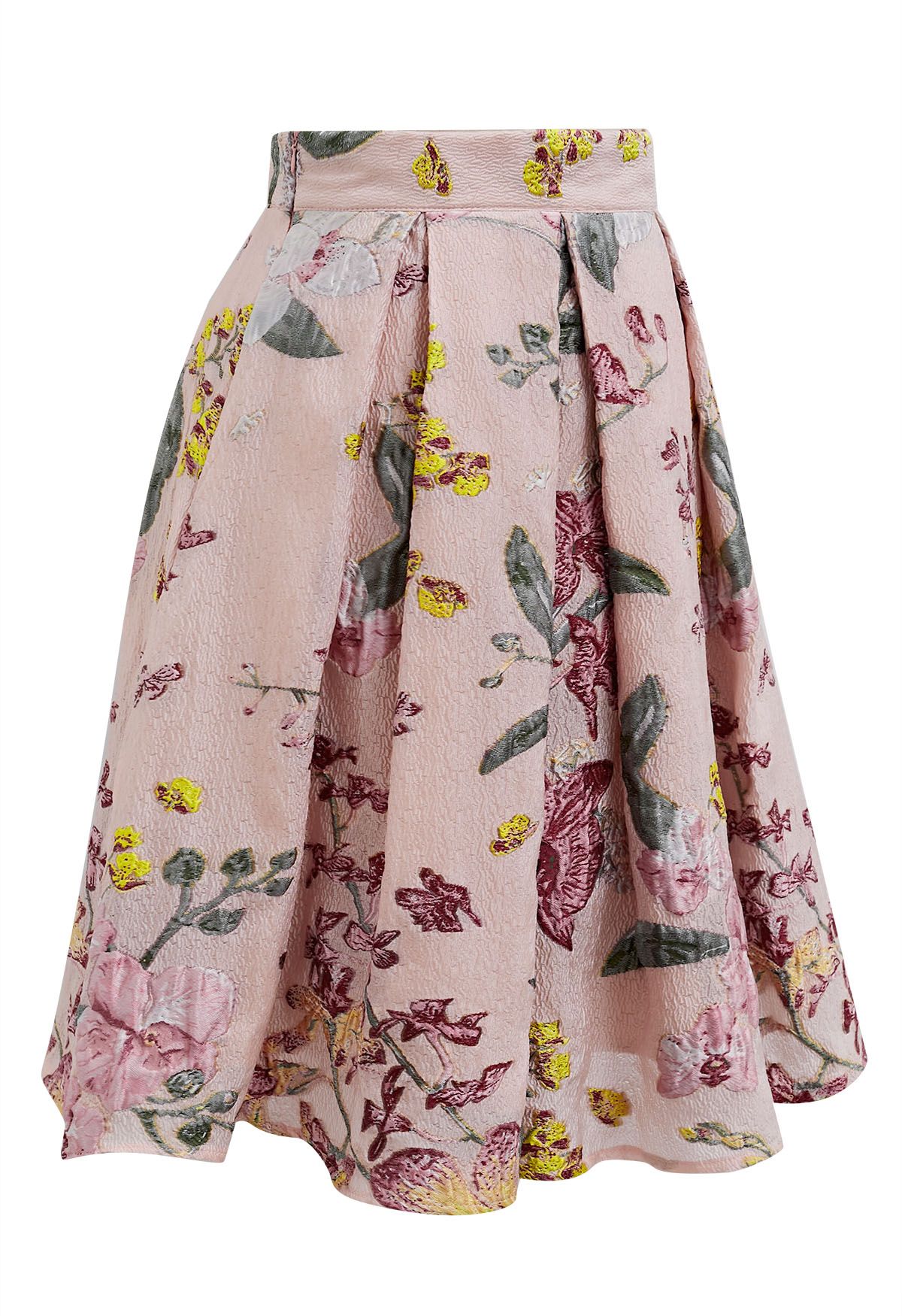 Box Pleat Floral Embossed Jacquard Flare Skirt