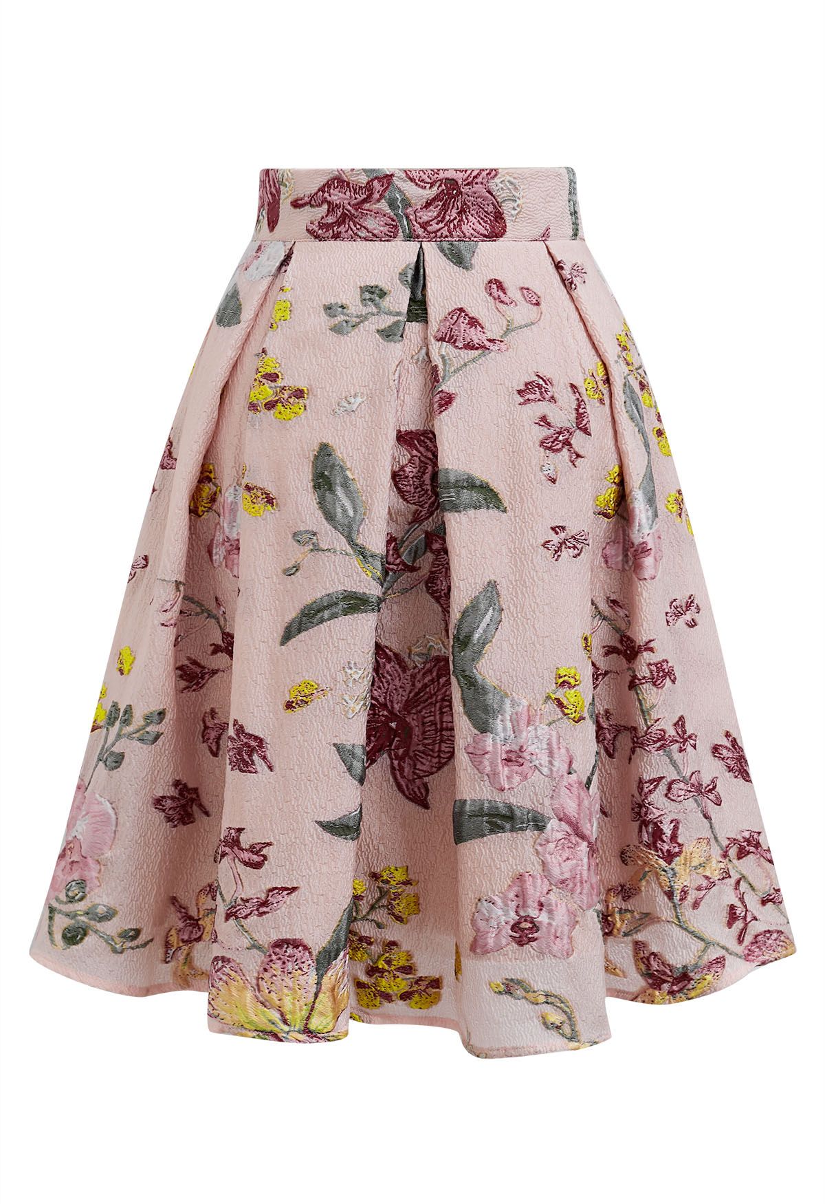 Box Pleat Floral Embossed Jacquard Flare Skirt