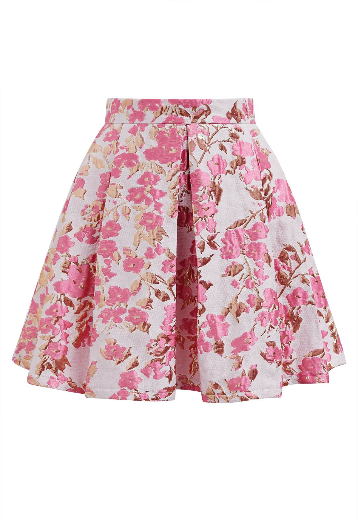 Pink Floral Jacquard Pleated Mini Skirt