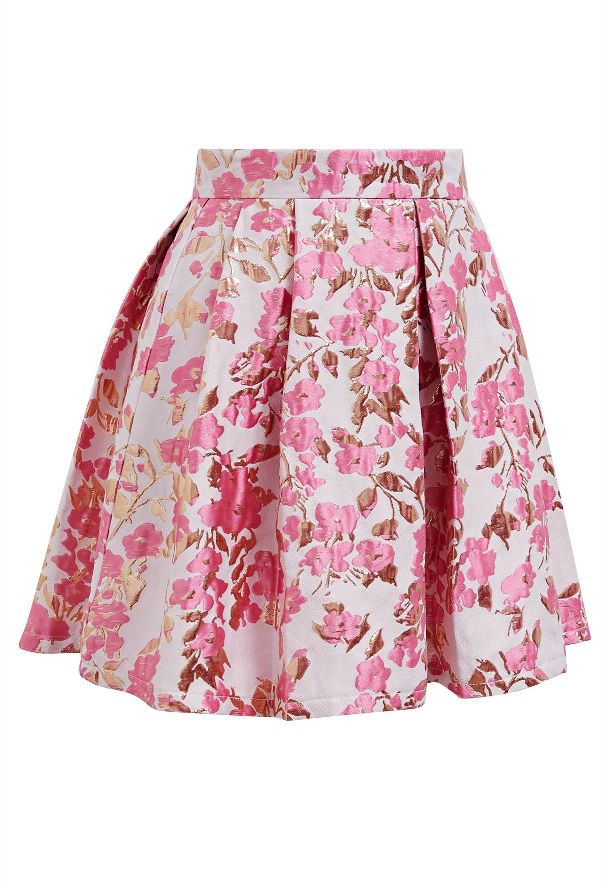 Pink Floral Jacquard Pleated Mini Skirt