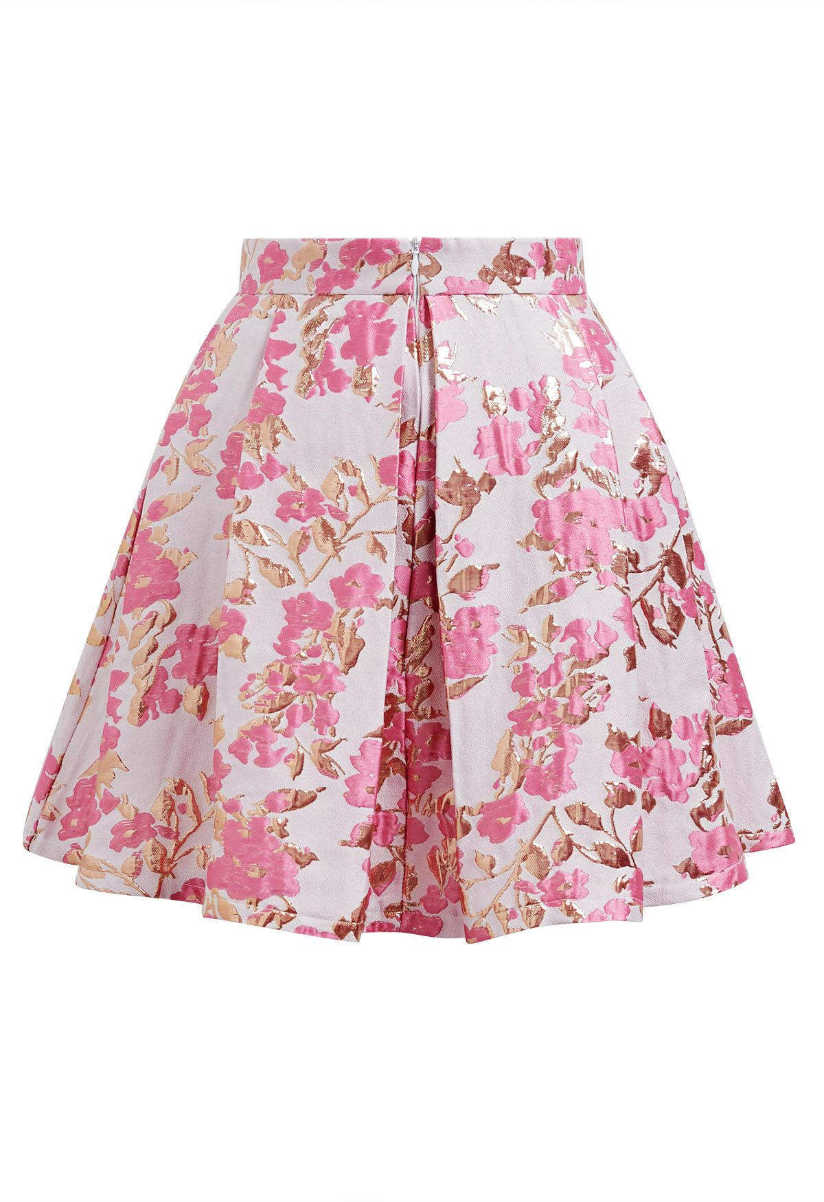 Pink Floral Jacquard Pleated Mini Skirt