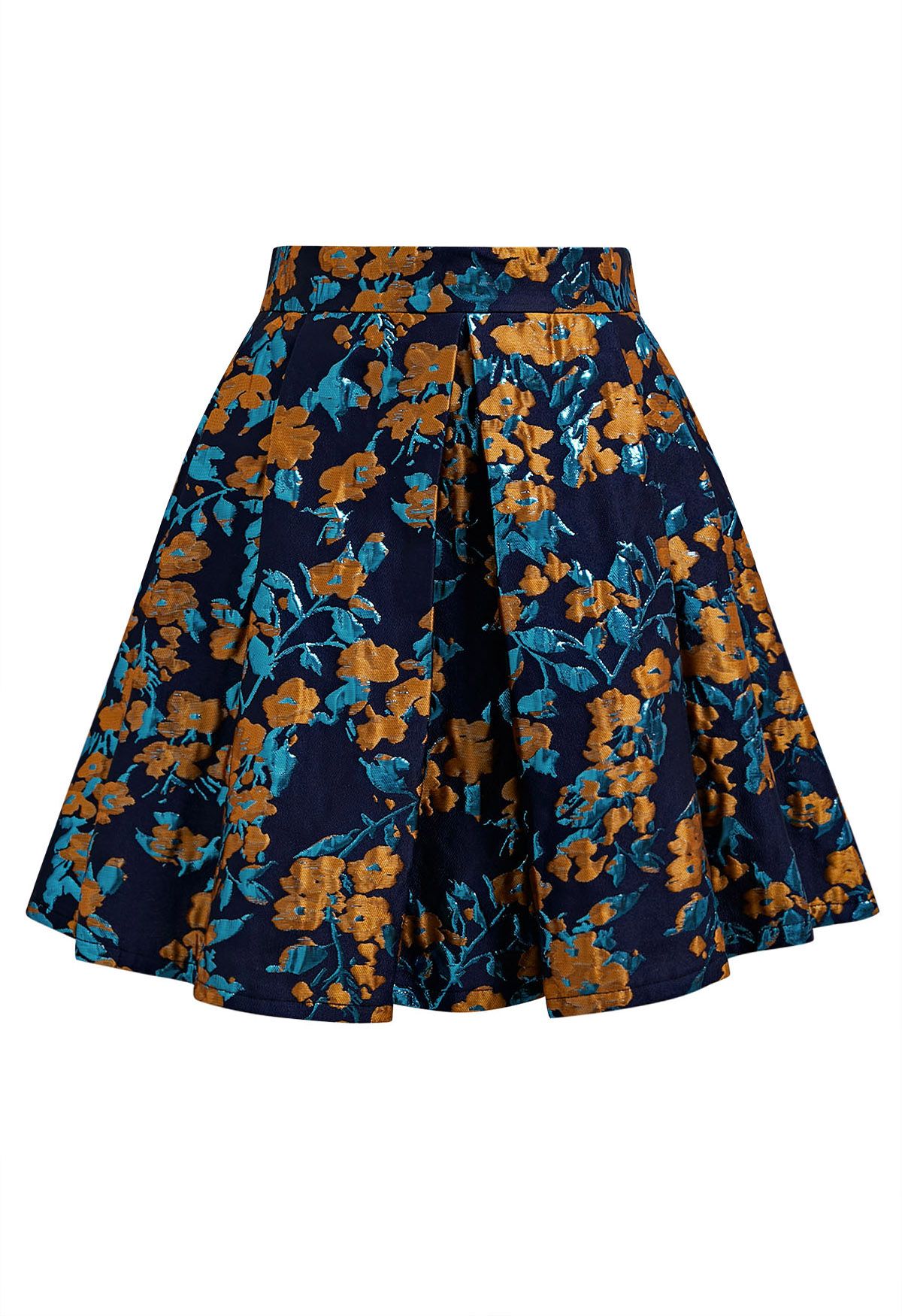 Orange Floral Jacquard Pleated Mini Skirt