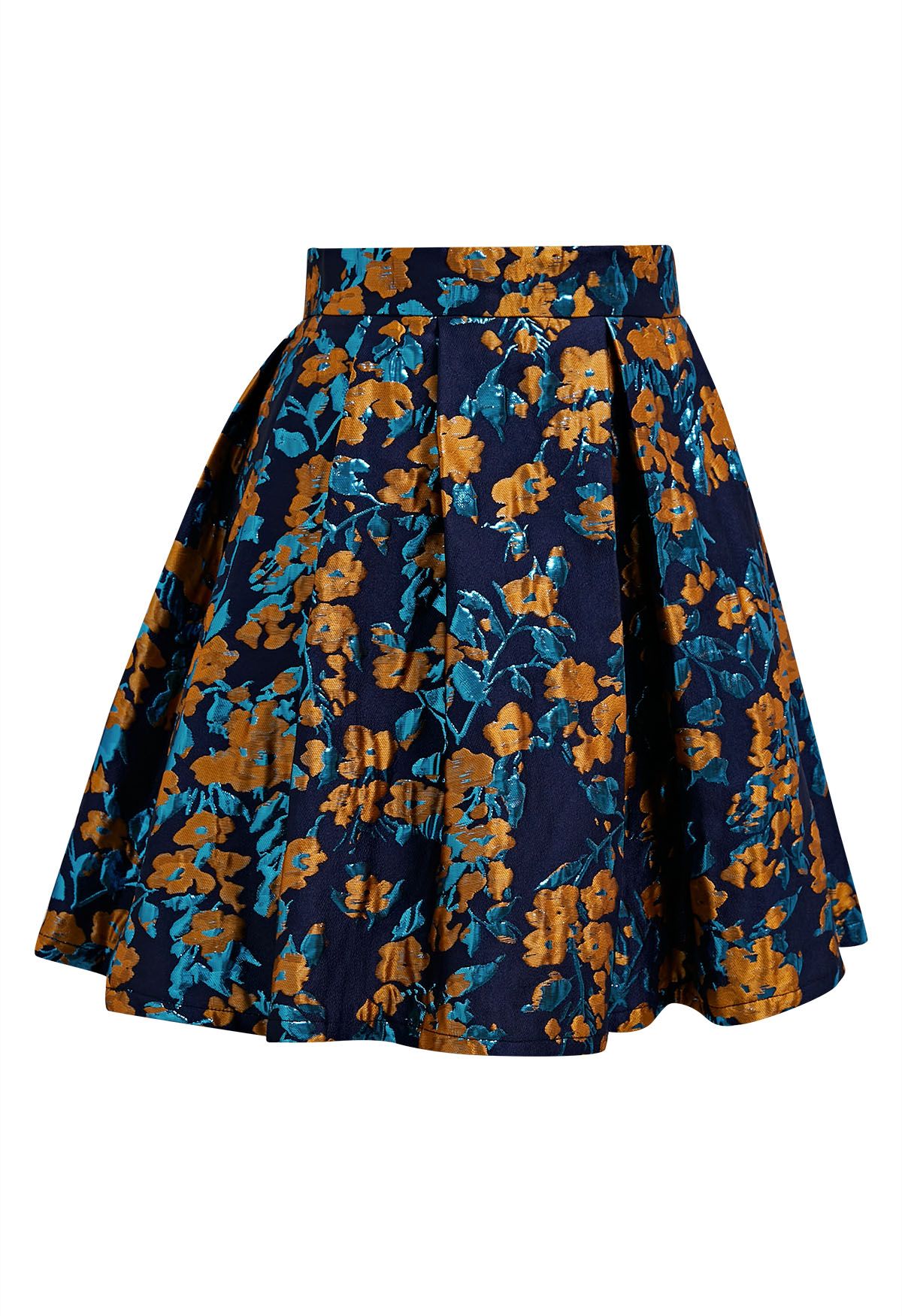 Orange Floral Jacquard Pleated Mini Skirt