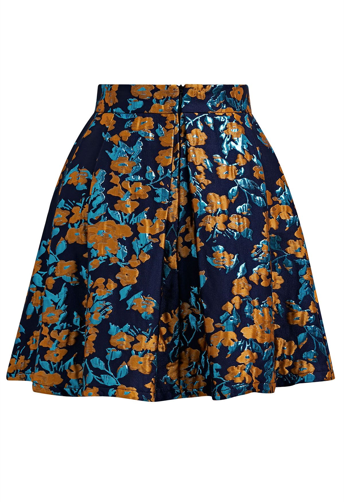 Orange Floral Jacquard Pleated Mini Skirt