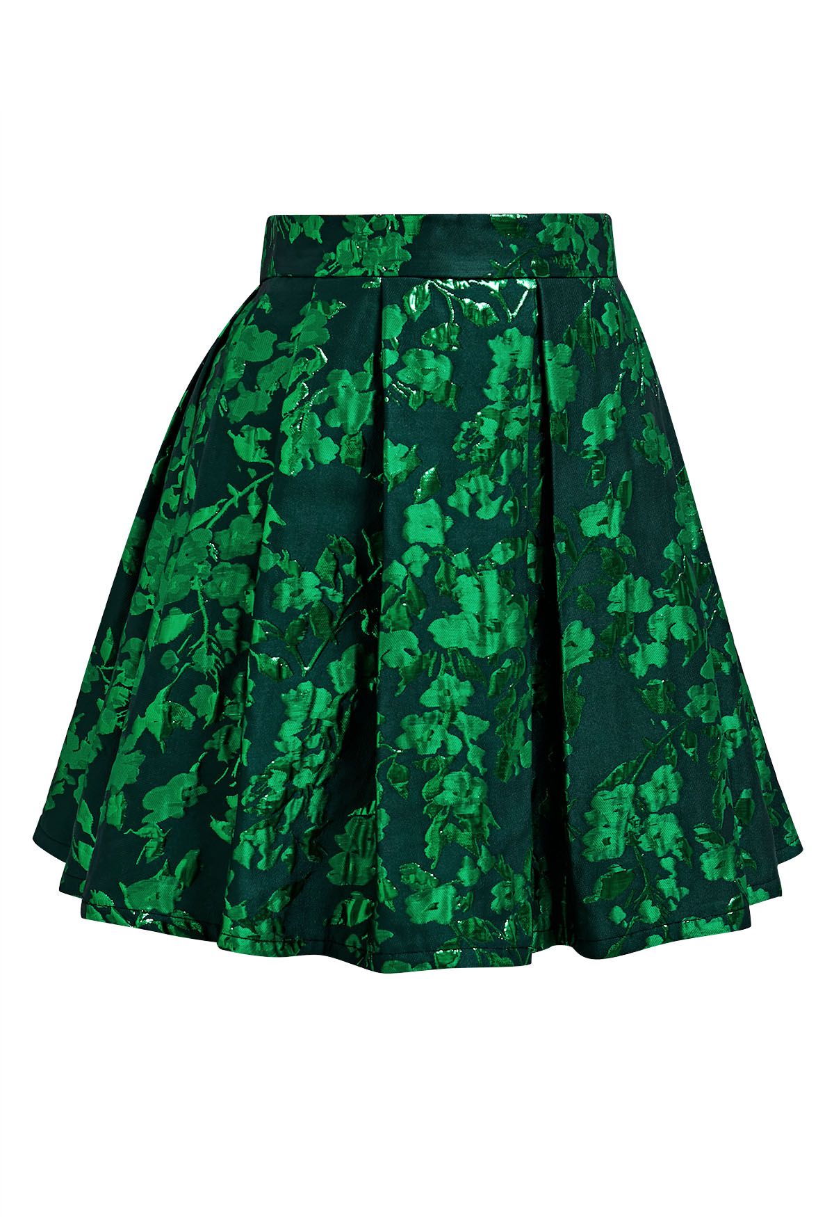 Green Floral Jacquard Pleated Mini Skirt