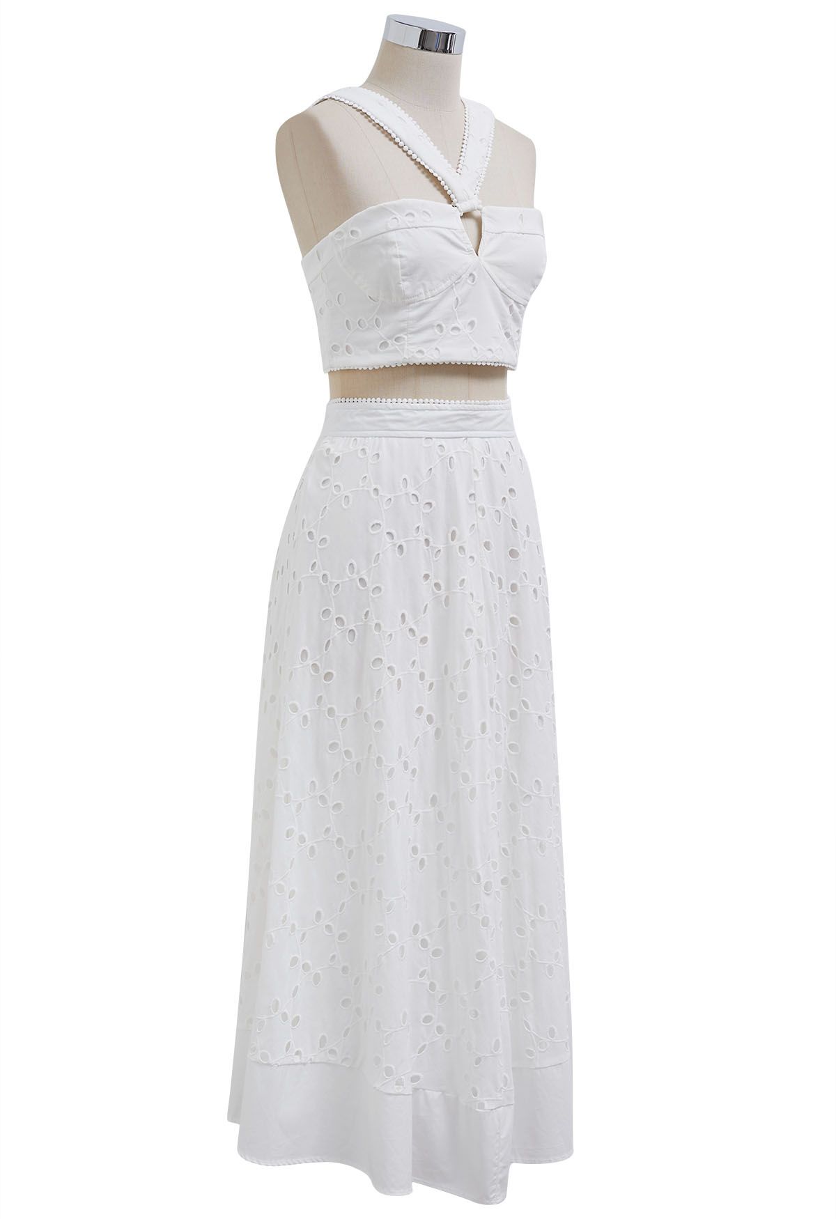 Embroidered Eyelet Halter Top and Flare Skirt Set